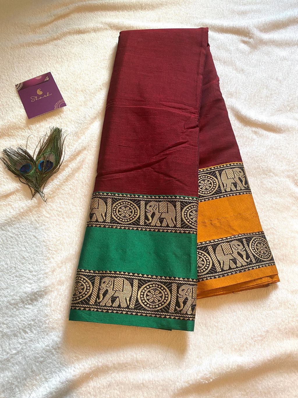 Narayanpet Pure Cotton Saree with Ganga-Jamuna Border | Reddish Maroon Shade | Blouse NOT Included