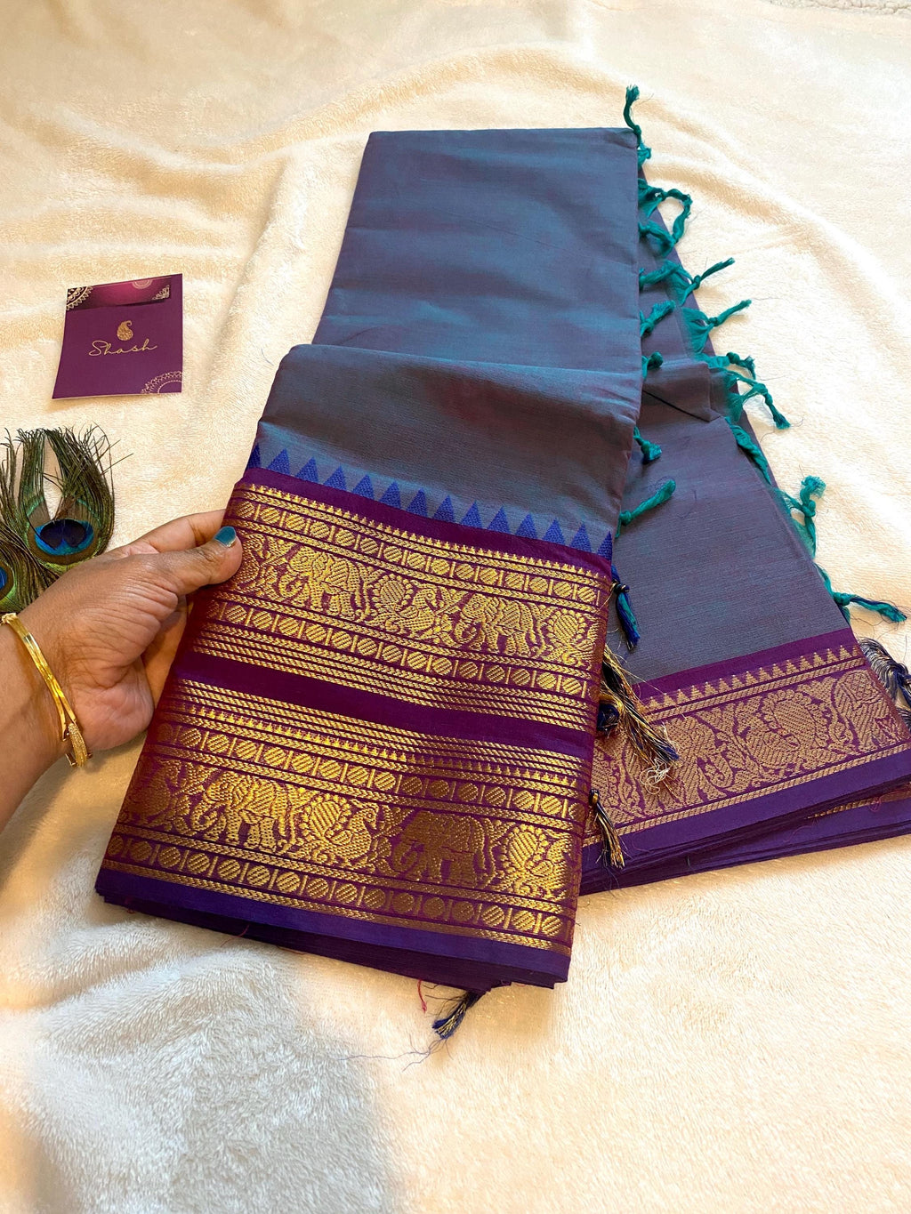 Pure Kanchi Cotton Saree – Dual-Tone Greenish Blue with Purple Double Gold Border