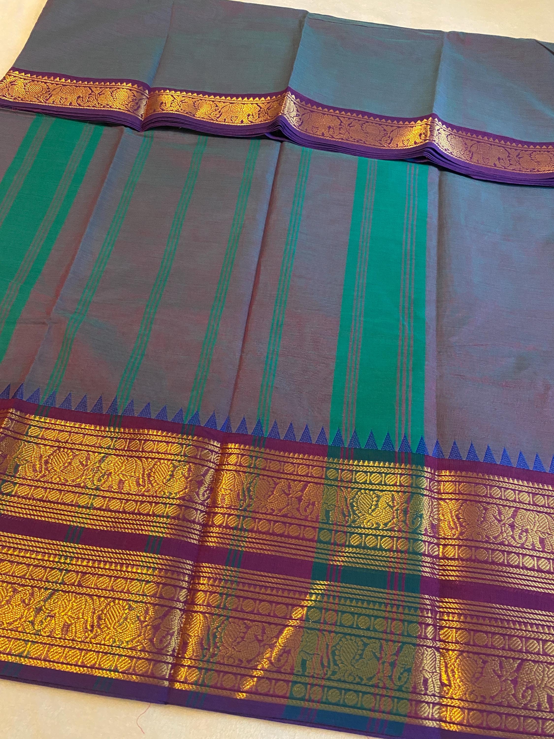 Pure Kanchi Cotton Saree – Dual-Tone Greenish Blue with Purple Double Gold Border