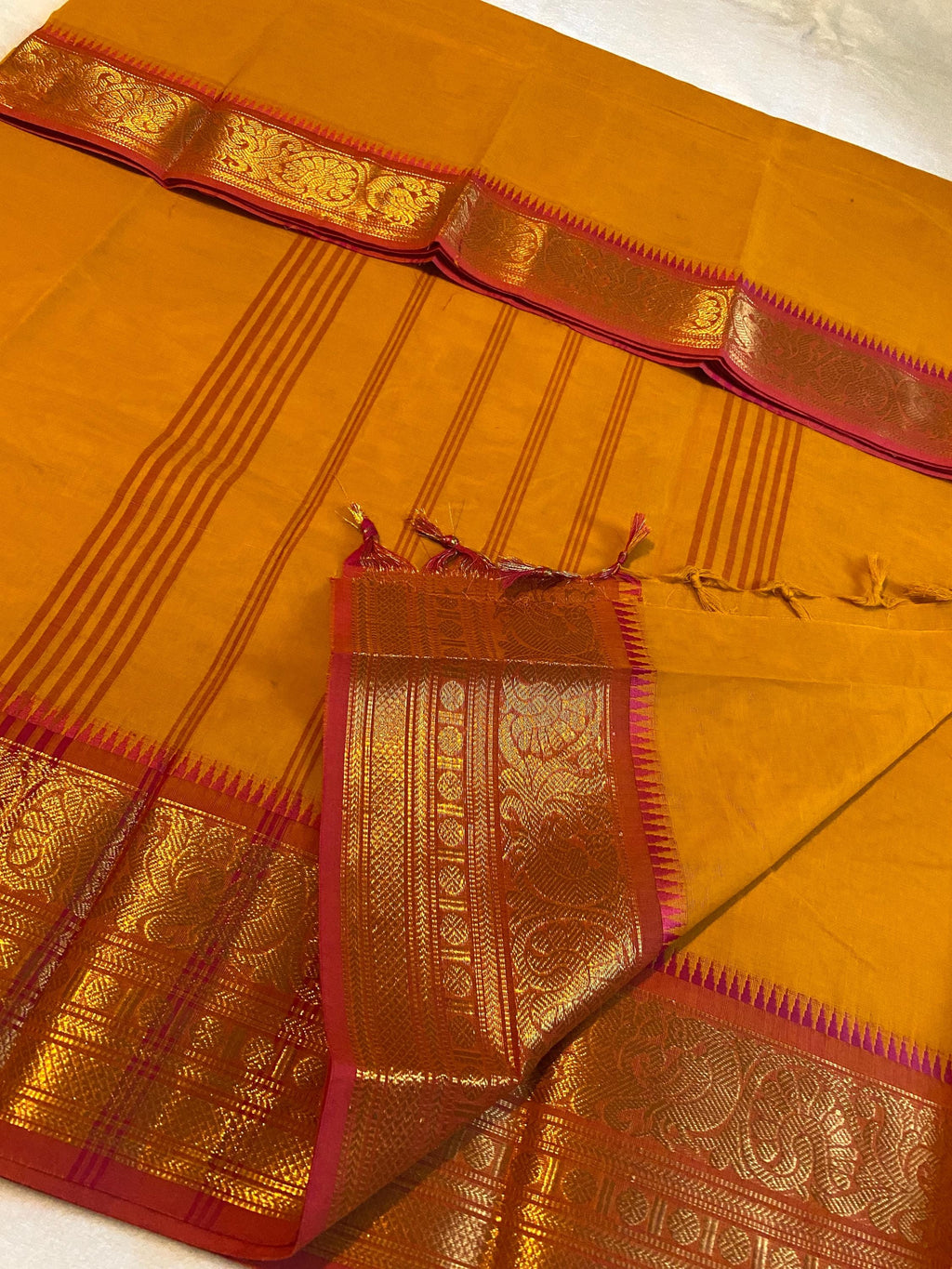 Pure Kanchi Cotton Saree – Golden Mustard with Pink Zari Border