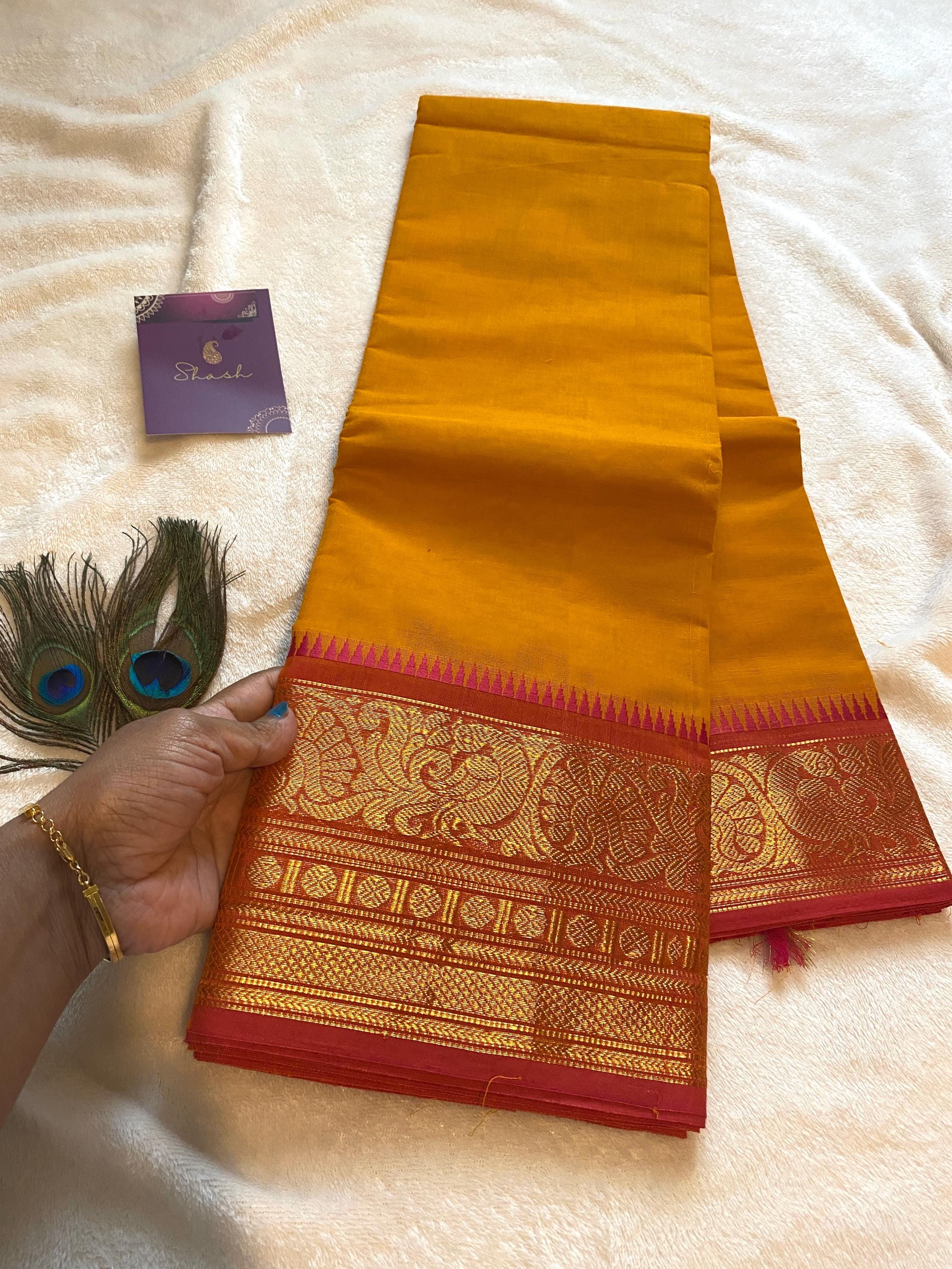 Pure Kanchi Cotton Saree – Golden Mustard with Pink Zari Border