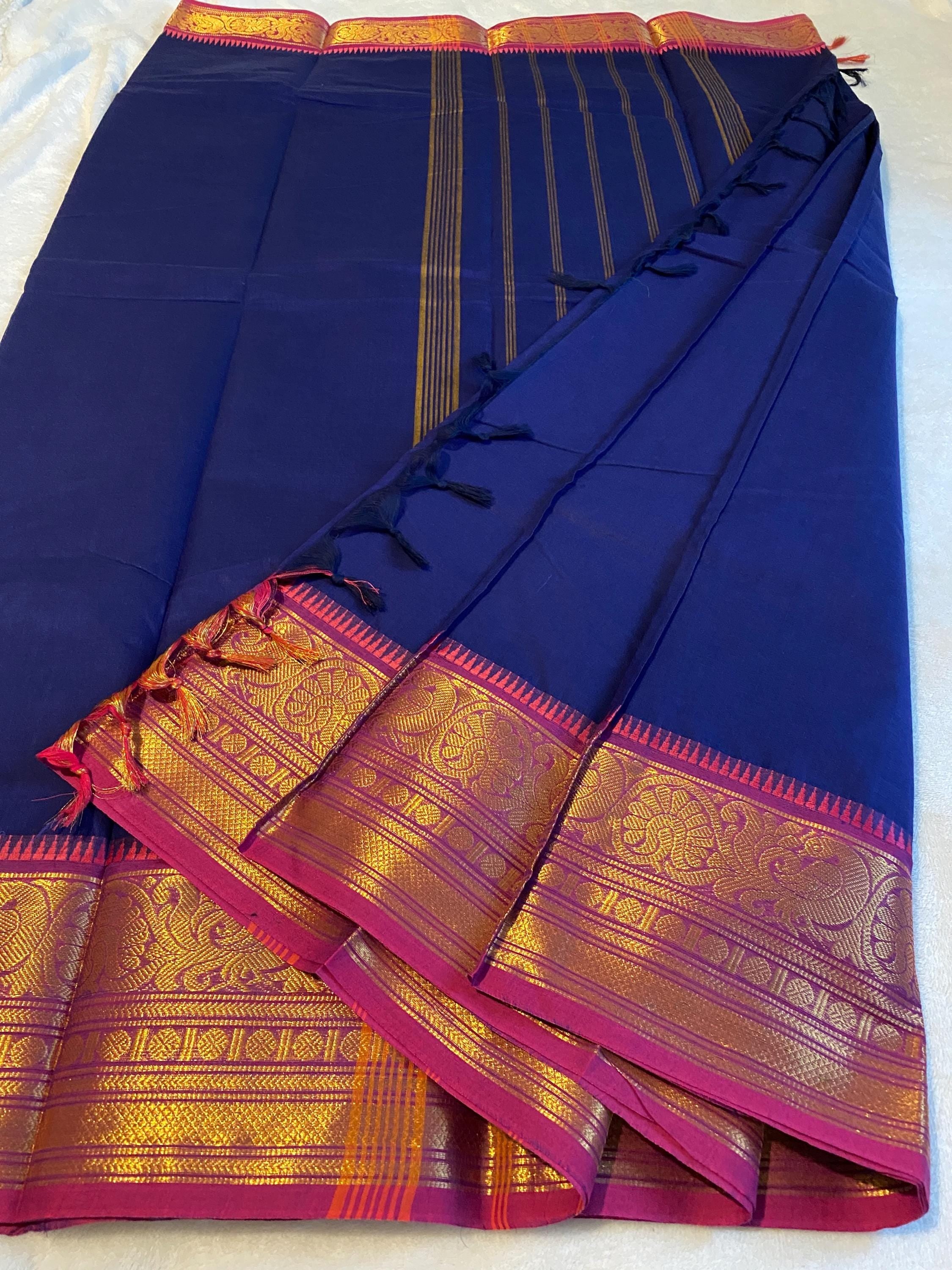 Pure Kanchi Cotton Saree – Royal Blue with Pink Border | Chettinad Cotton Comfort | Festive & Everyday Wear | UK Seller