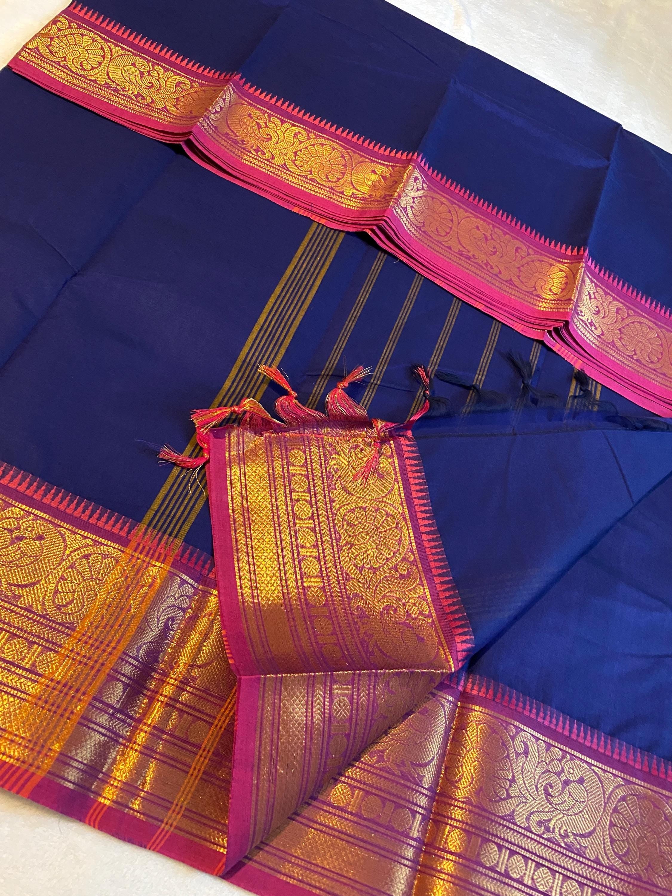Pure Kanchi Cotton Saree – Royal Blue with Pink Border | Chettinad Cotton Comfort | Festive & Everyday Wear | UK Seller