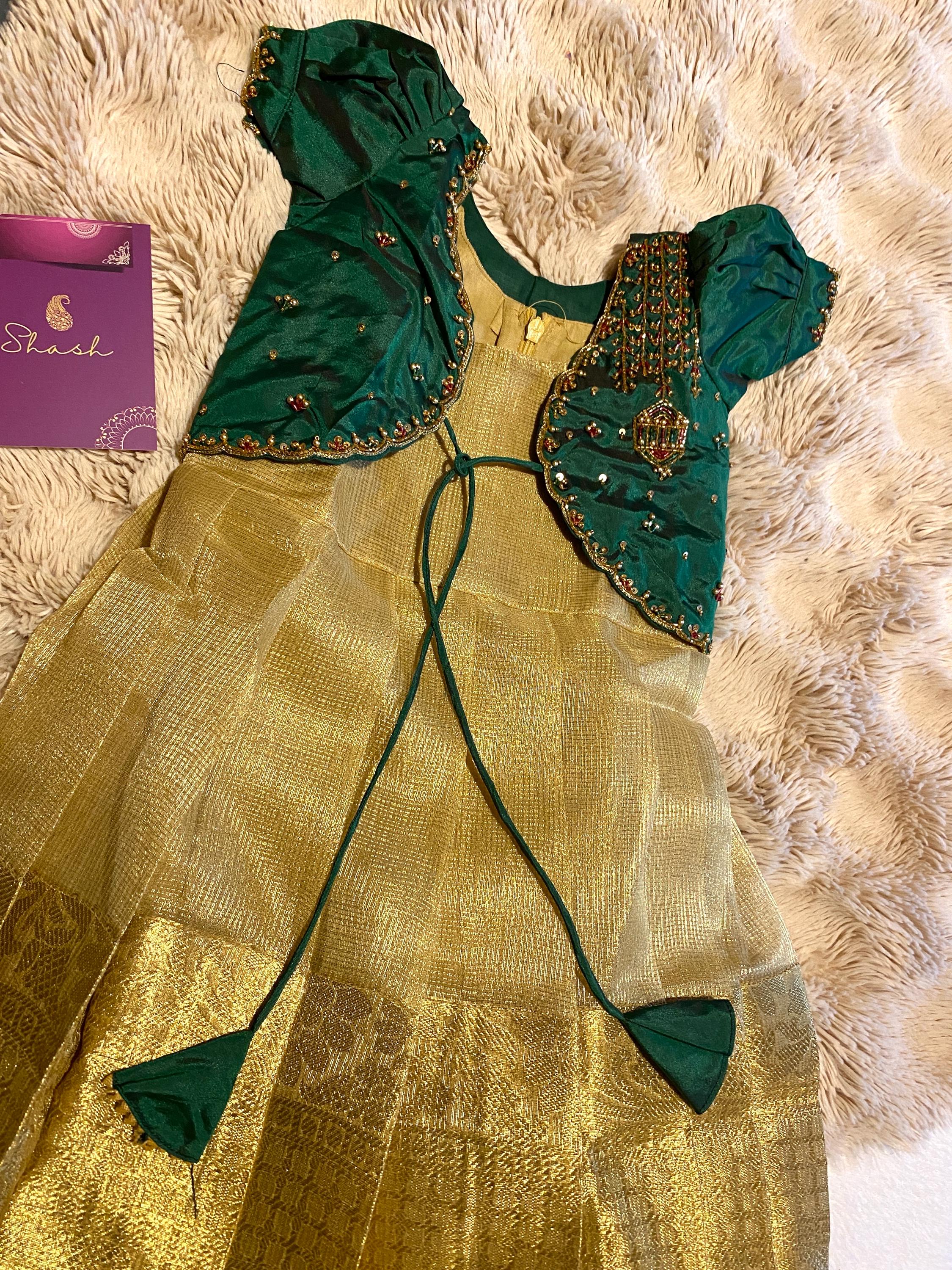 Green & Golden Tissue Silk Pattu Pavada for Kids 1–2 Y