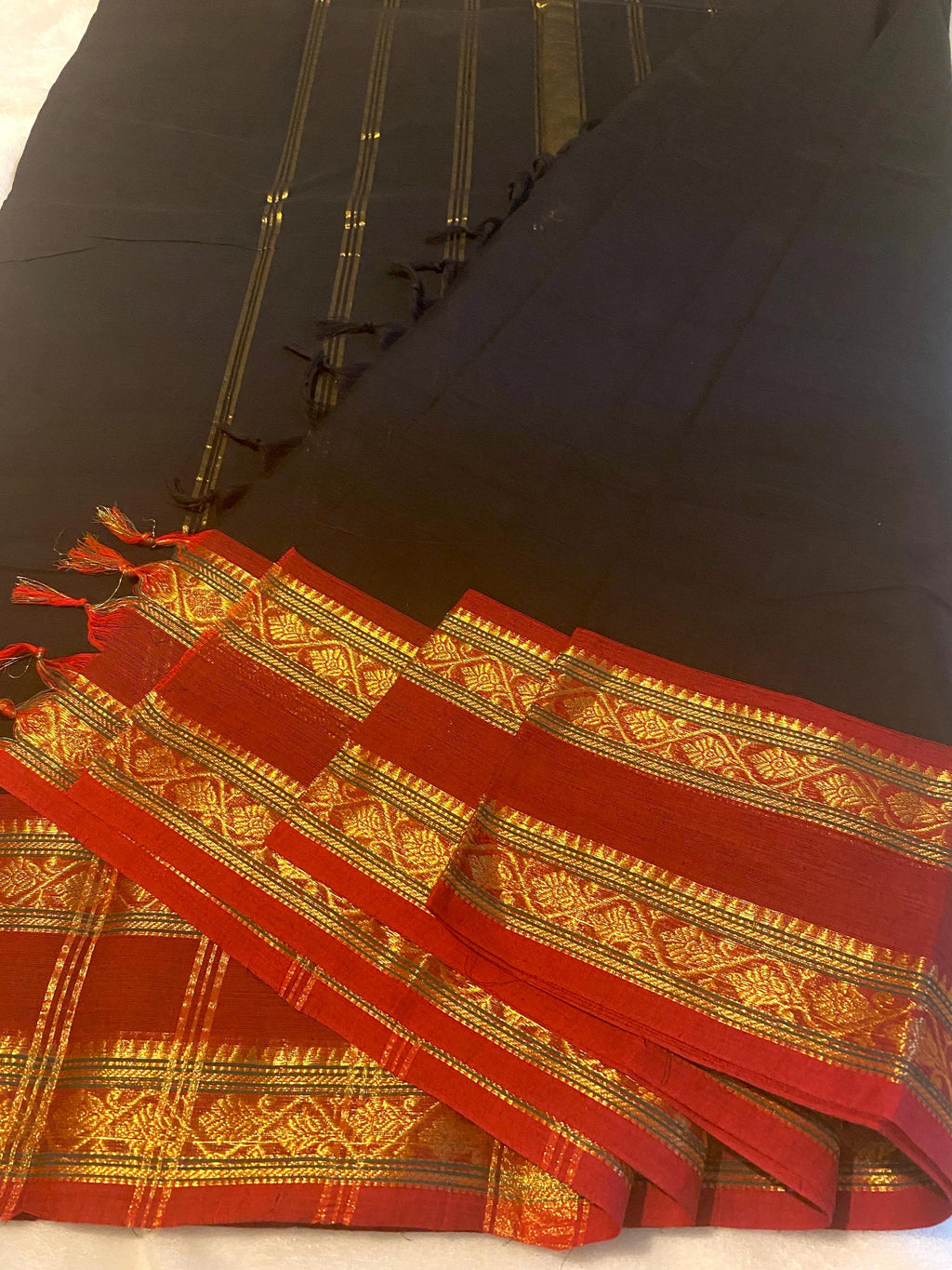 Pure Kanchi Cotton Saree | Black with Red Signature Kanchi Borders