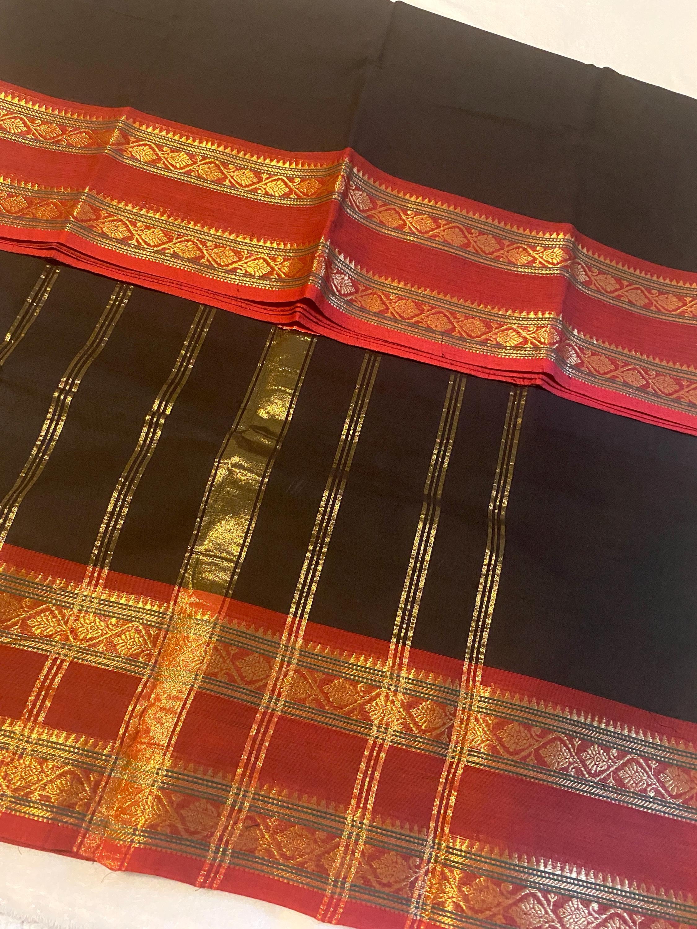 Pure Kanchi Cotton Saree | Black with Red Signature Kanchi Borders