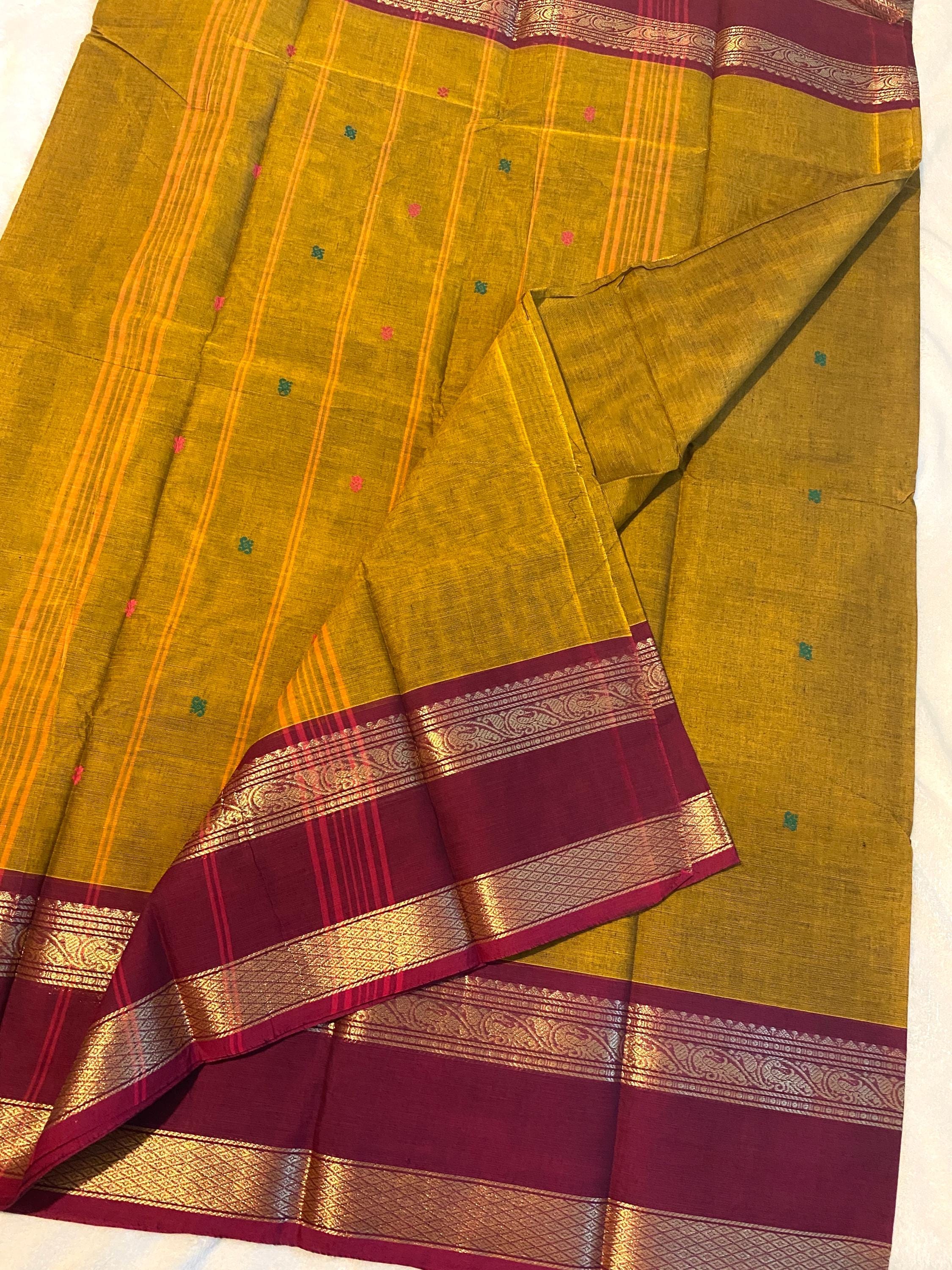 Pure Kanchi Cotton Saree – Mustard Yellow with Maroon Zari Border