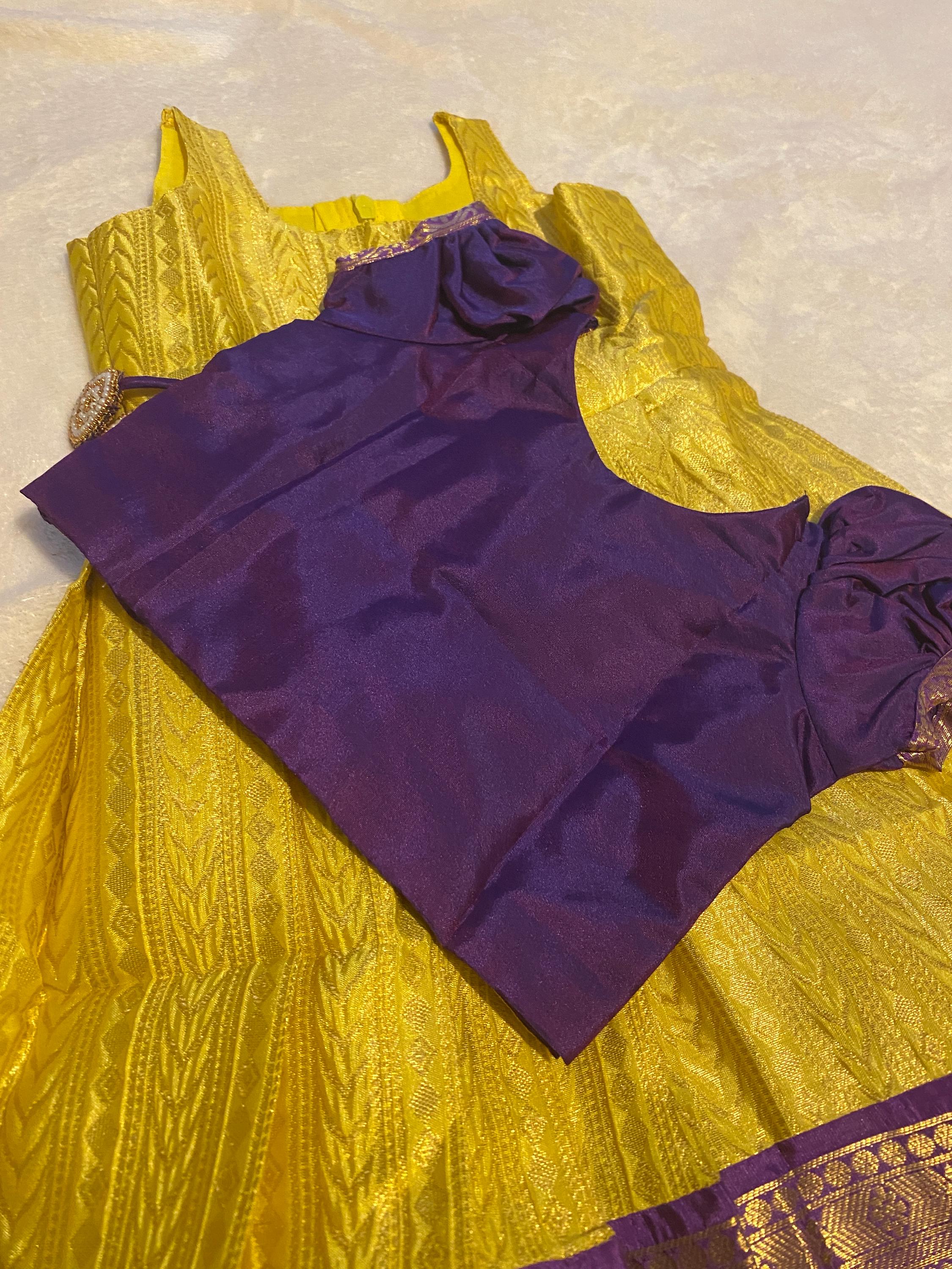 Purple and Golden Yellow Pattu Pavada for Baby Girls 6–12 Months | Semi Silk Kids Lehenga Set