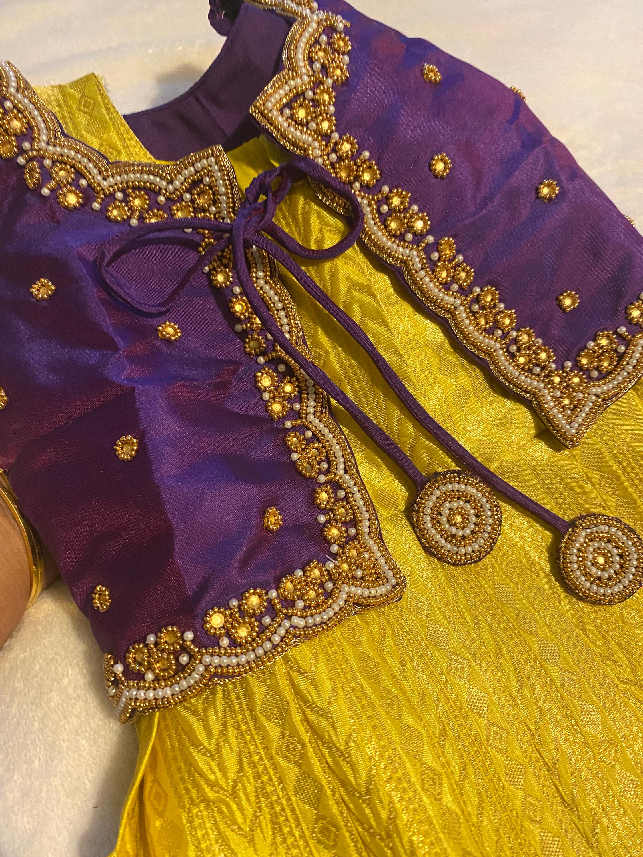 Purple and Golden Yellow Pattu Pavada for Baby Girls 6–12 Months | Semi Silk Kids Lehenga Set