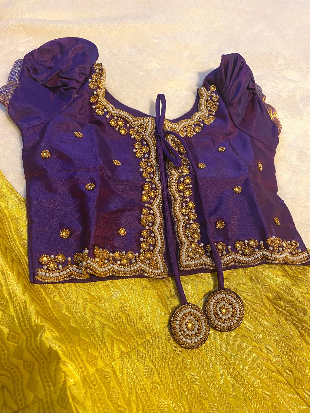 Purple and Golden Yellow Pattu Pavada for Baby Girls 6–12 Months | Semi Silk Kids Lehenga Set