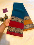 Narayanpet Pure Cotton Dual-Tone Saree with Ganga-Jamuna Border | Peacock Green & Red-Mustard | Blouse NOT Included | UK