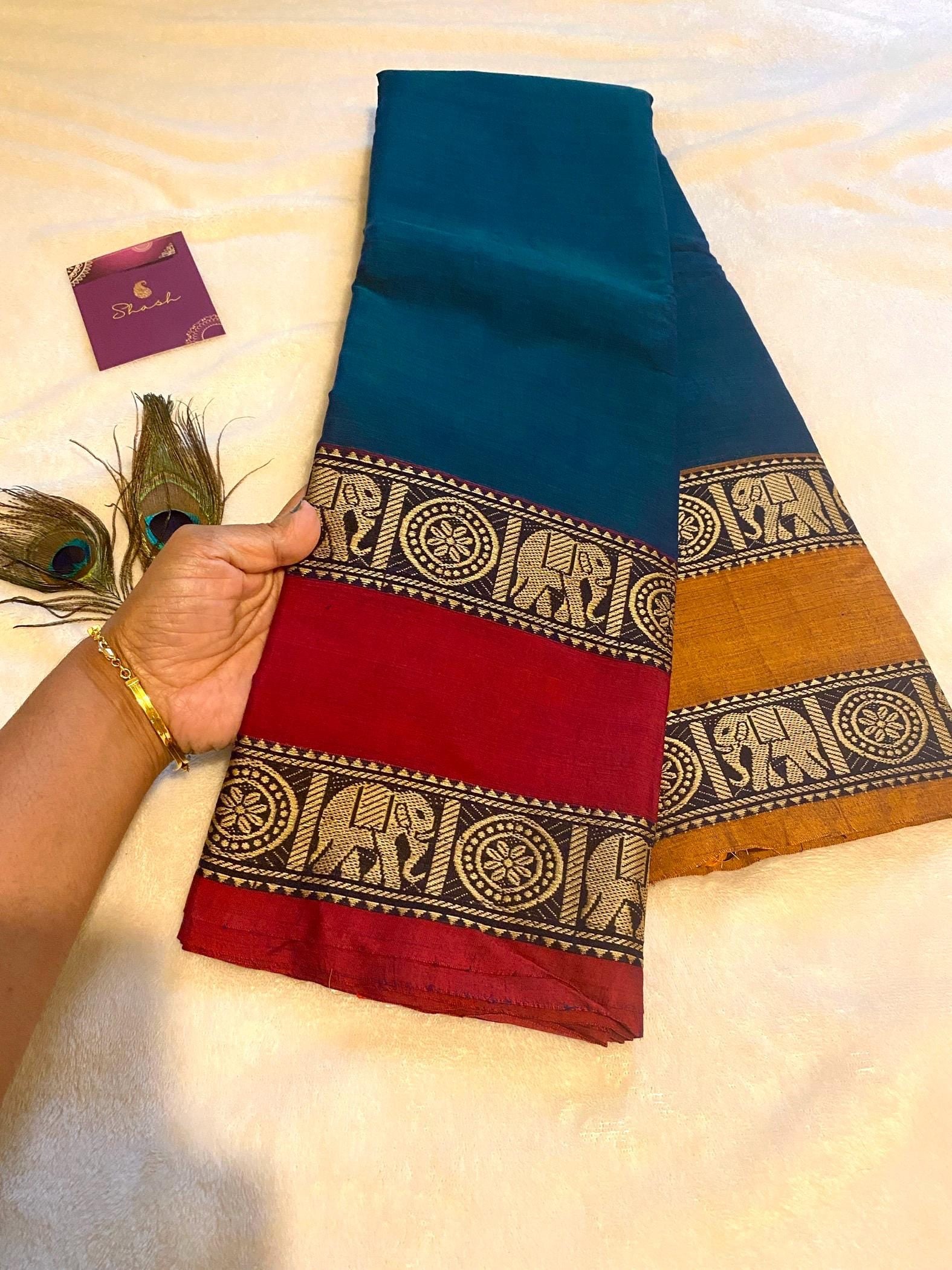 Narayanpet Pure Cotton Dual-Tone Saree with Ganga-Jamuna Border | Peacock Green & Red-Mustard | Blouse NOT Included | UK