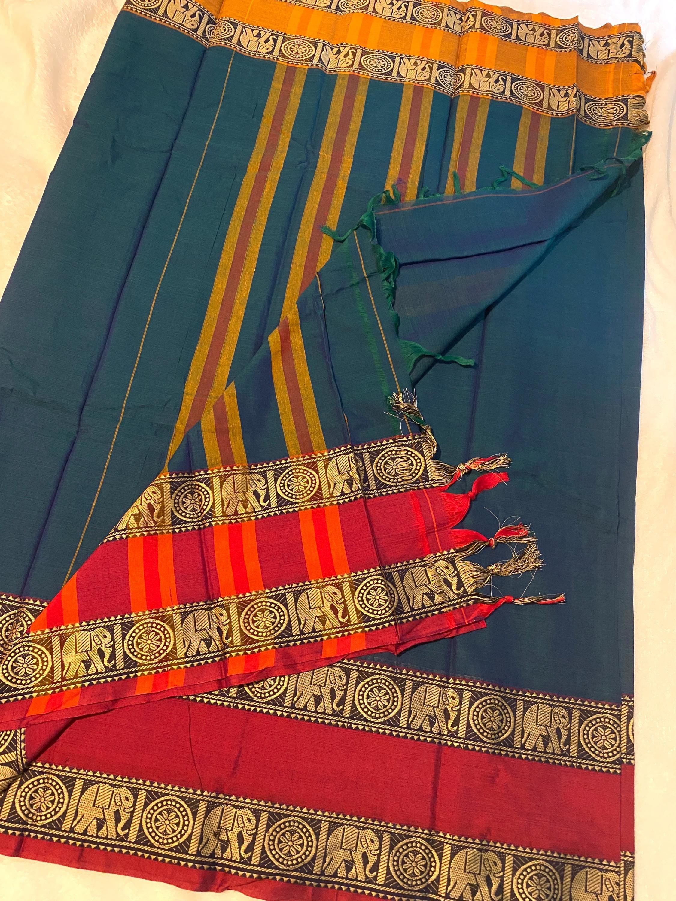 Narayanpet Pure Cotton Dual-Tone Saree with Ganga-Jamuna Border | Peacock Green & Red-Mustard | Blouse NOT Included | UK