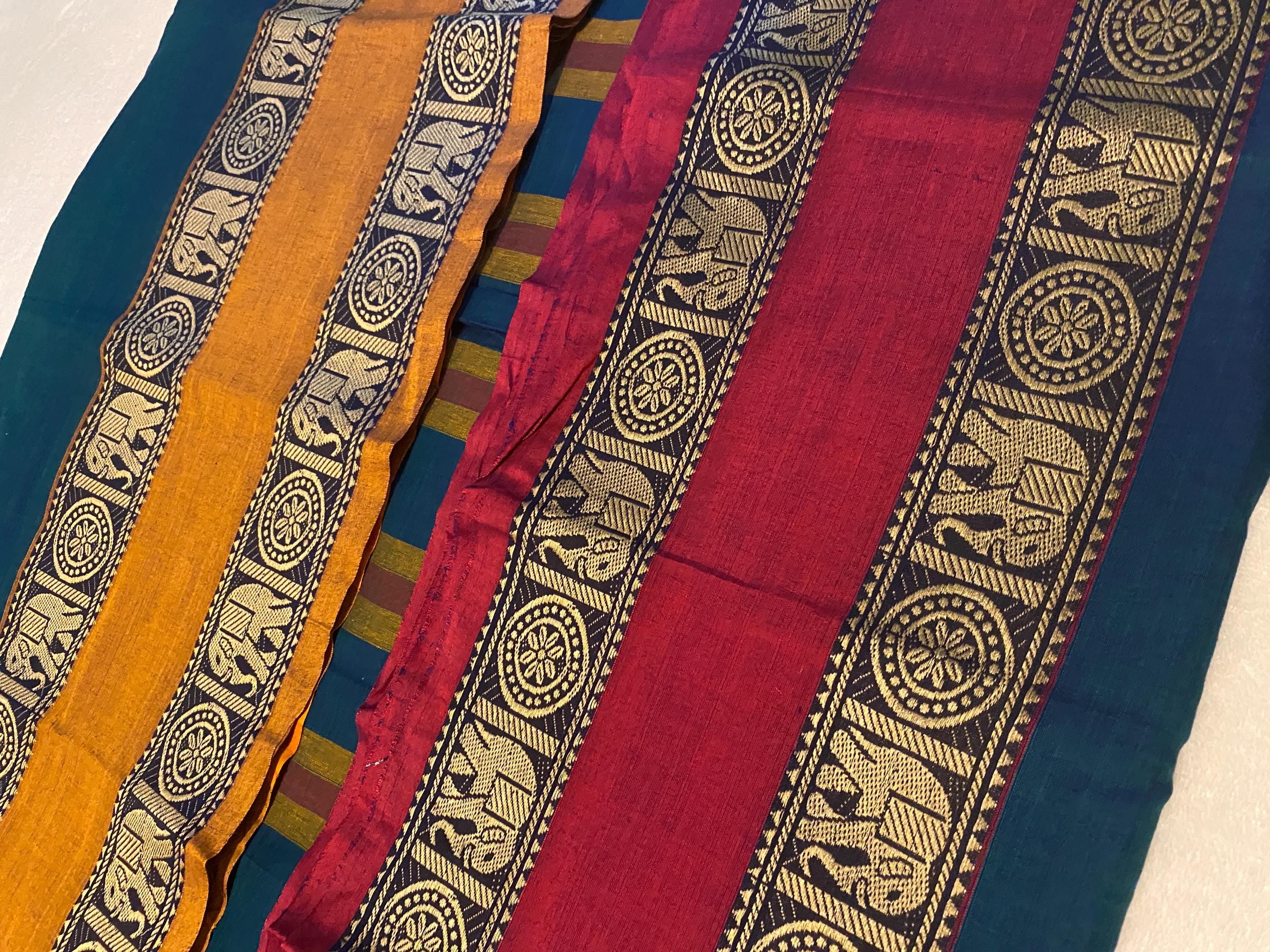 Narayanpet Pure Cotton Dual-Tone Saree with Ganga-Jamuna Border | Peacock Green & Red-Mustard | Blouse NOT Included | UK