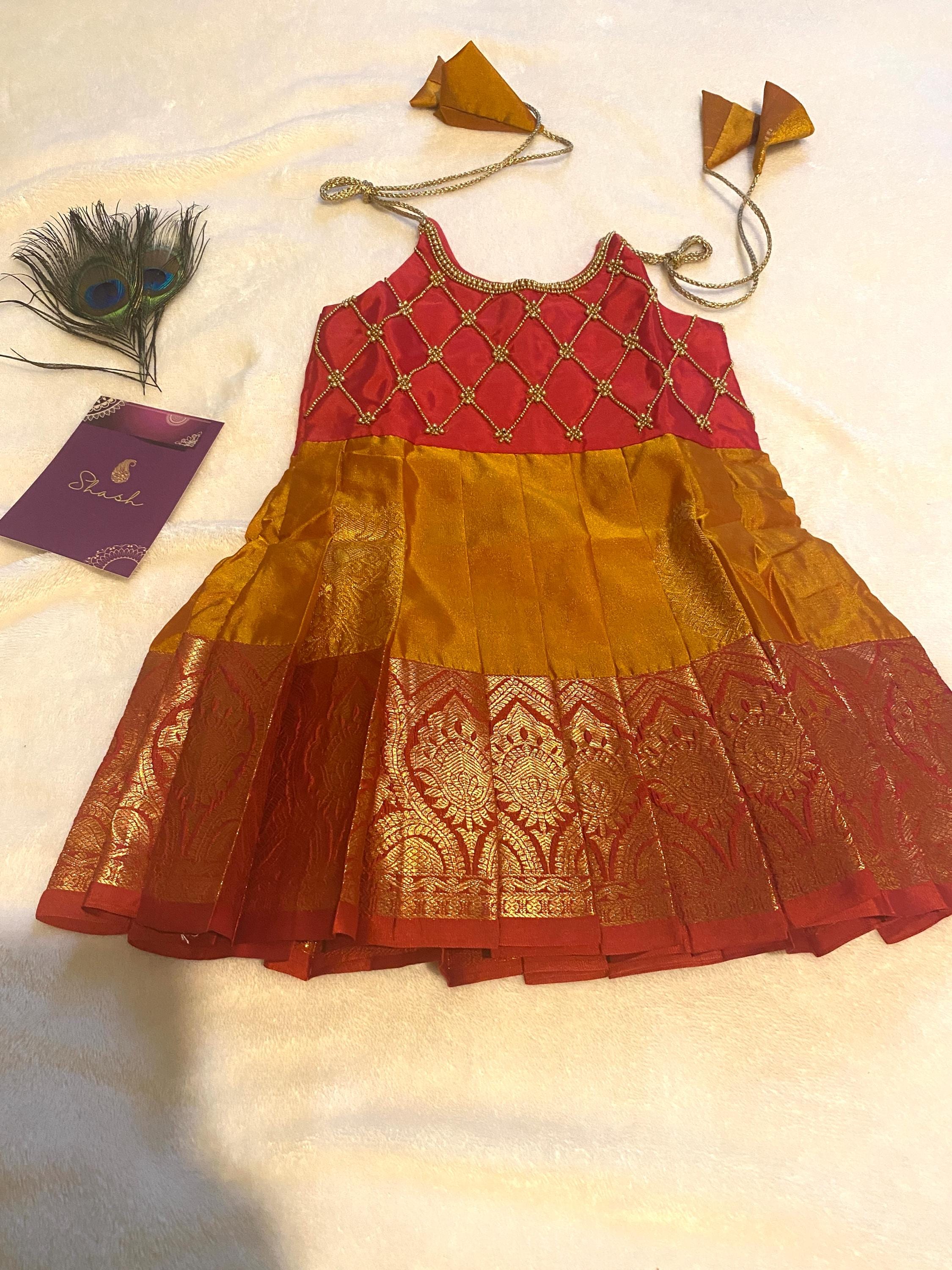 Magenta & Mustard Kanchi Pattu Frock for Baby Girls 0–6 Months | Newborn Ethnic Wear