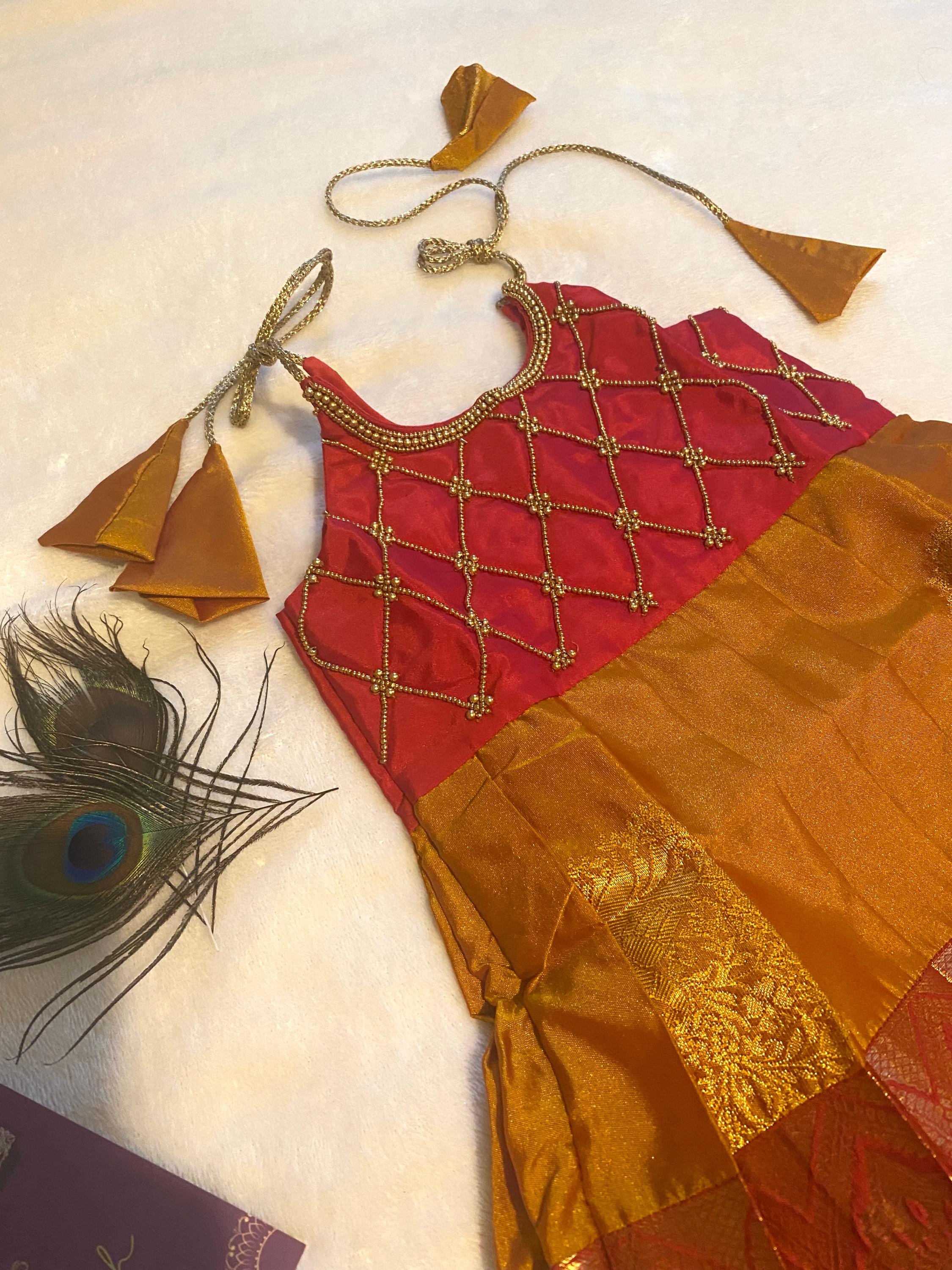 Magenta & Mustard Kanchi Pattu Frock for Baby Girls 0–6 Months | Newborn Ethnic Wear