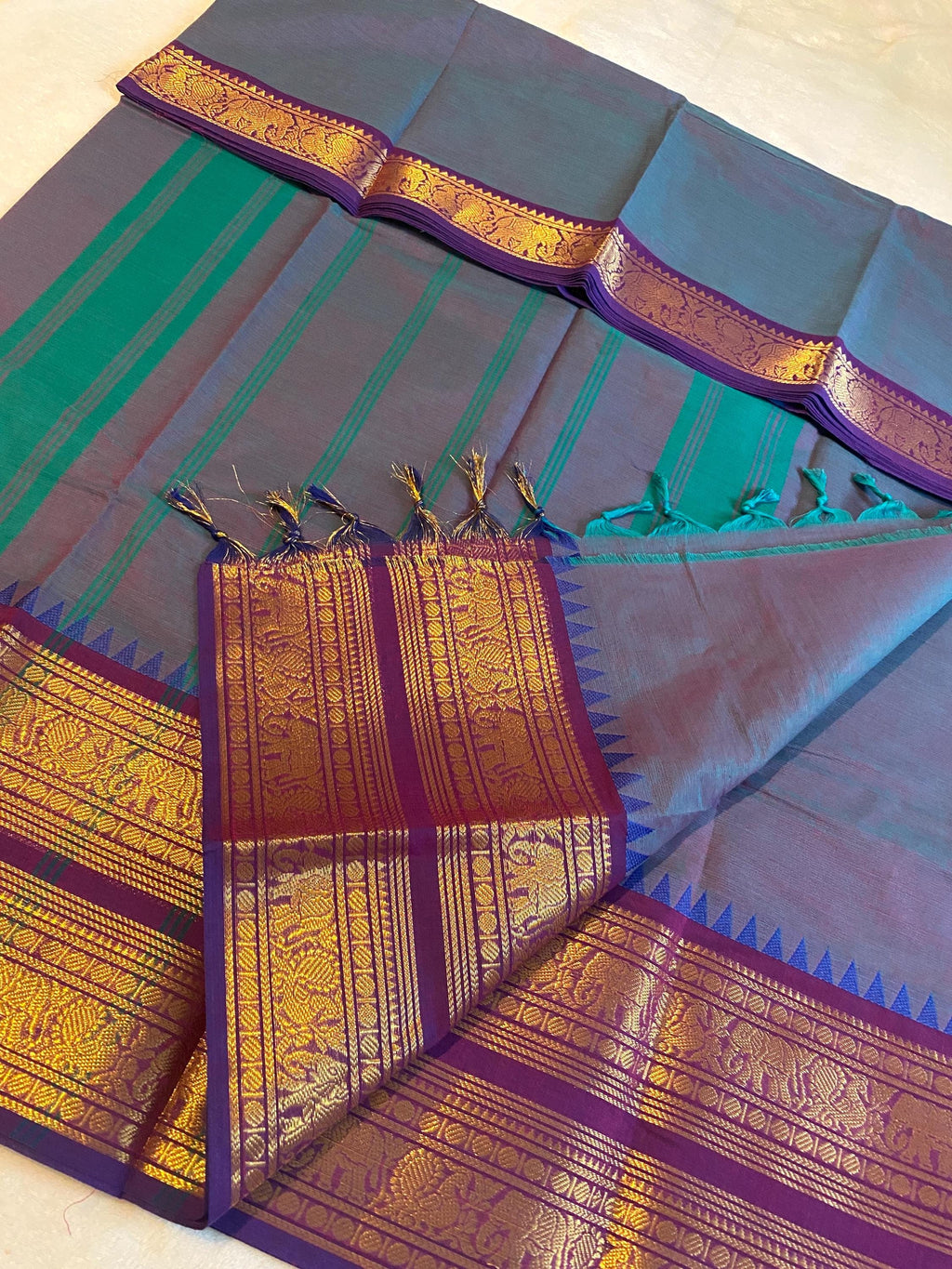 Pure Kanchi Cotton Saree – Dual-Tone Greenish Blue with Purple Double Gold Border