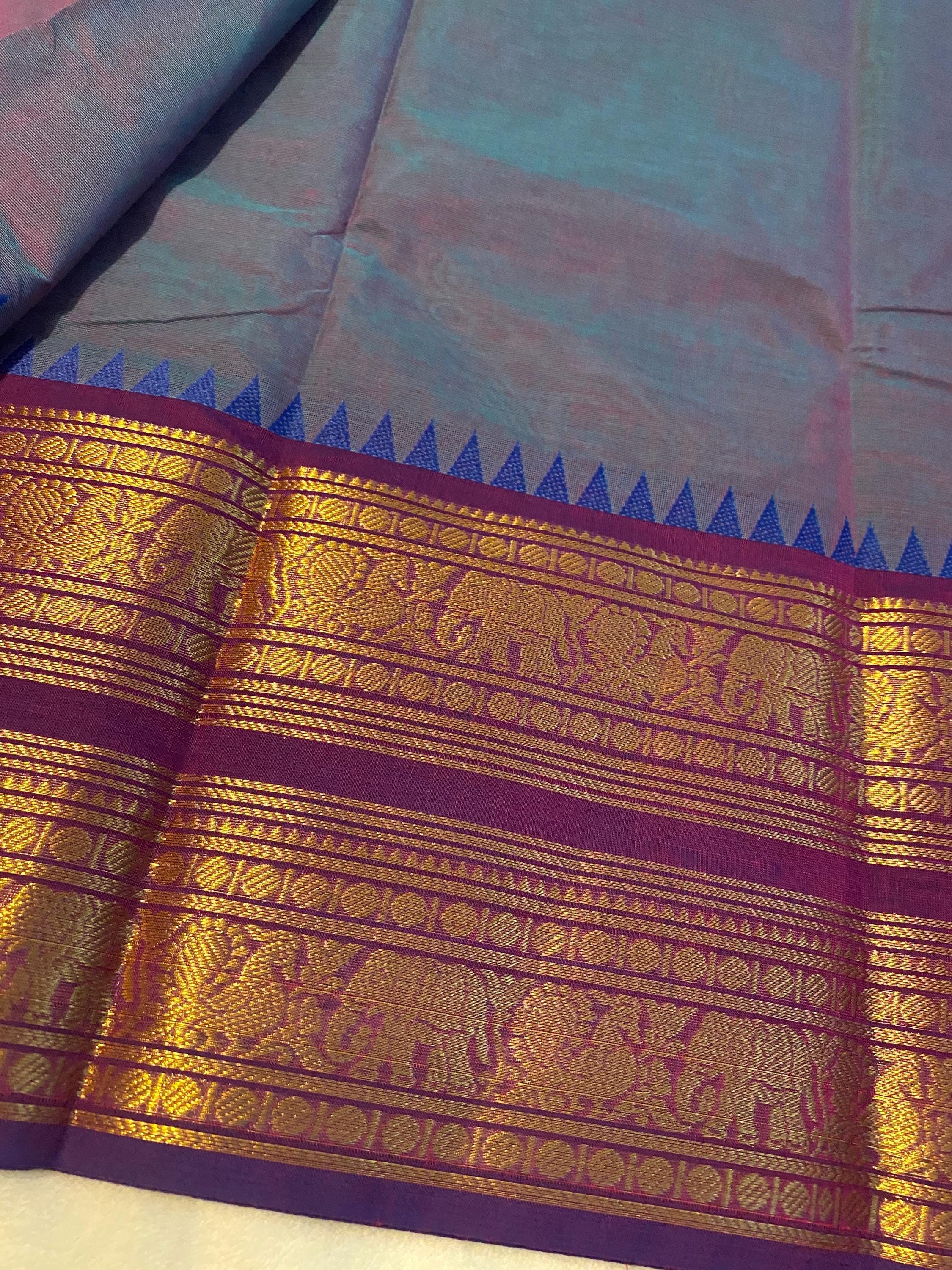 Pure Kanchi Cotton Saree – Dual-Tone Greenish Blue with Purple Double Gold Border