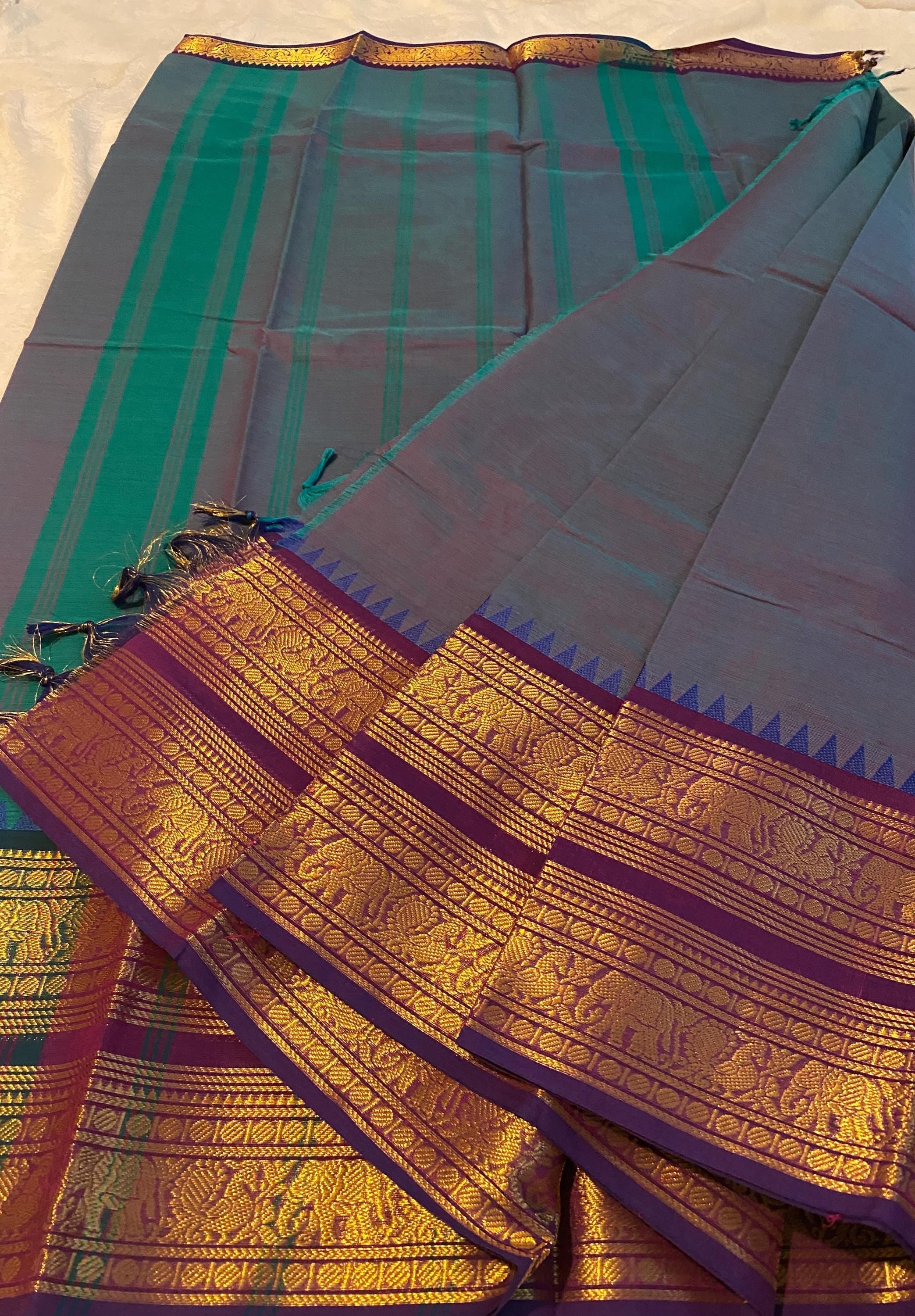 Pure Kanchi Cotton Saree – Dual-Tone Greenish Blue with Purple Double Gold Border