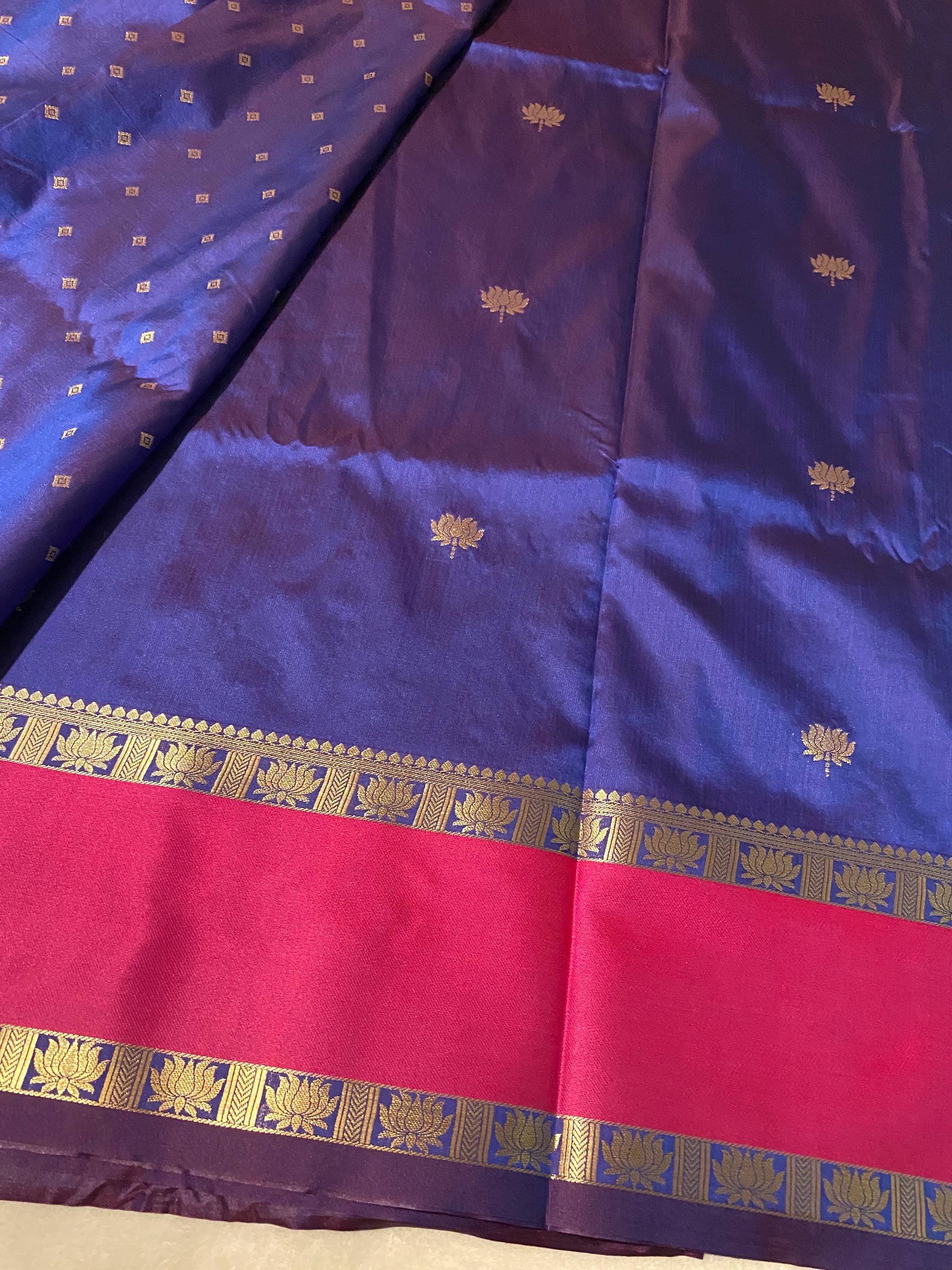 Beautiful Royal Blue Semi-Kanchipuram Soft Silk Saree with Magenta Border