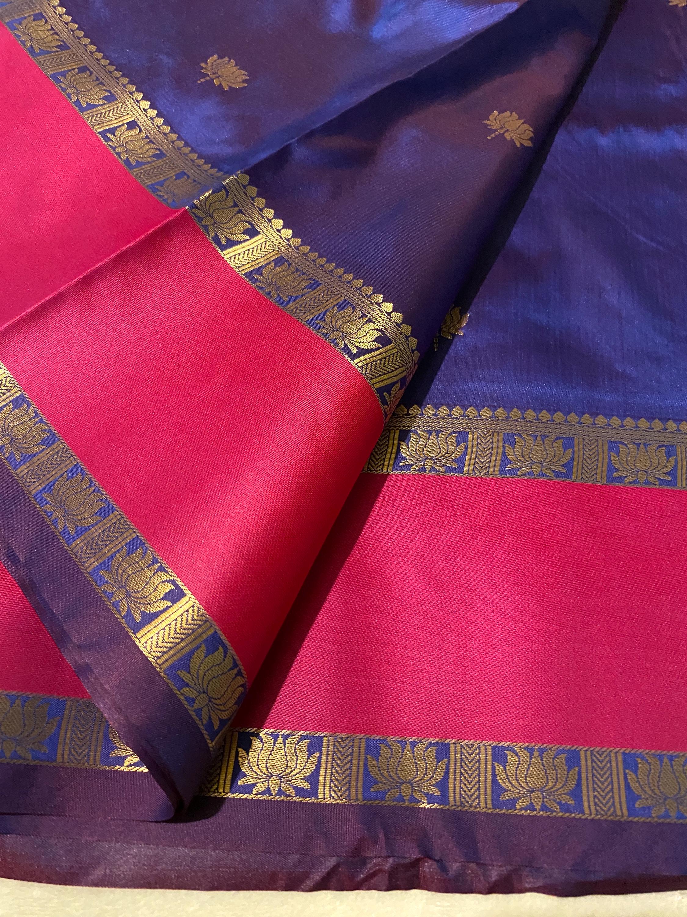 Beautiful Royal Blue Semi-Kanchipuram Soft Silk Saree with Magenta Border