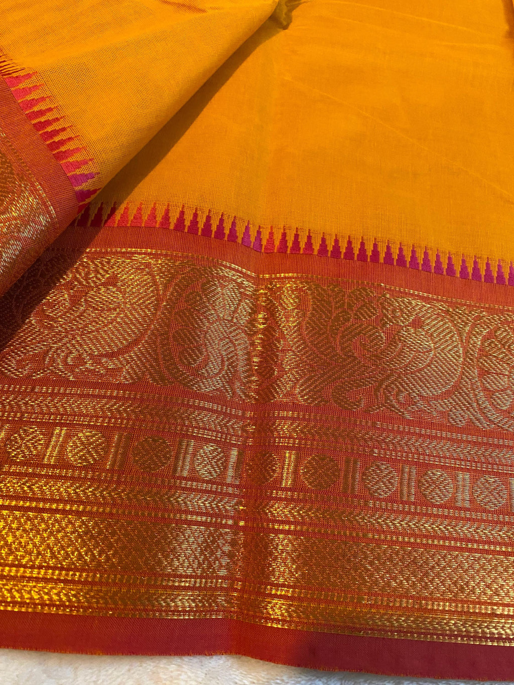 Pure Kanchi Cotton Saree – Golden Mustard with Pink Zari Border