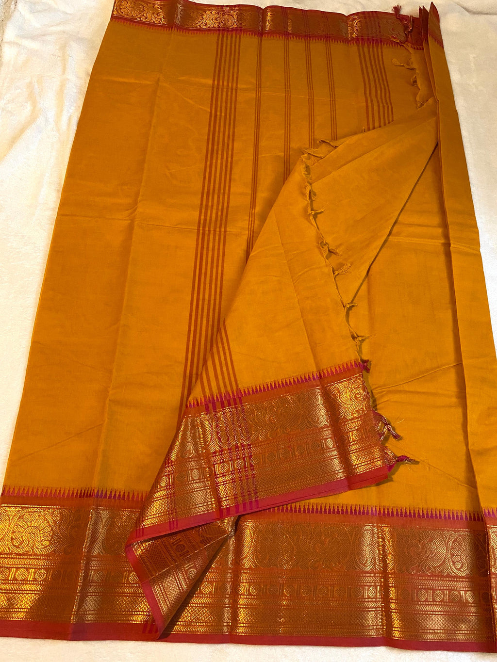 Pure Kanchi Cotton Saree – Golden Mustard with Pink Zari Border