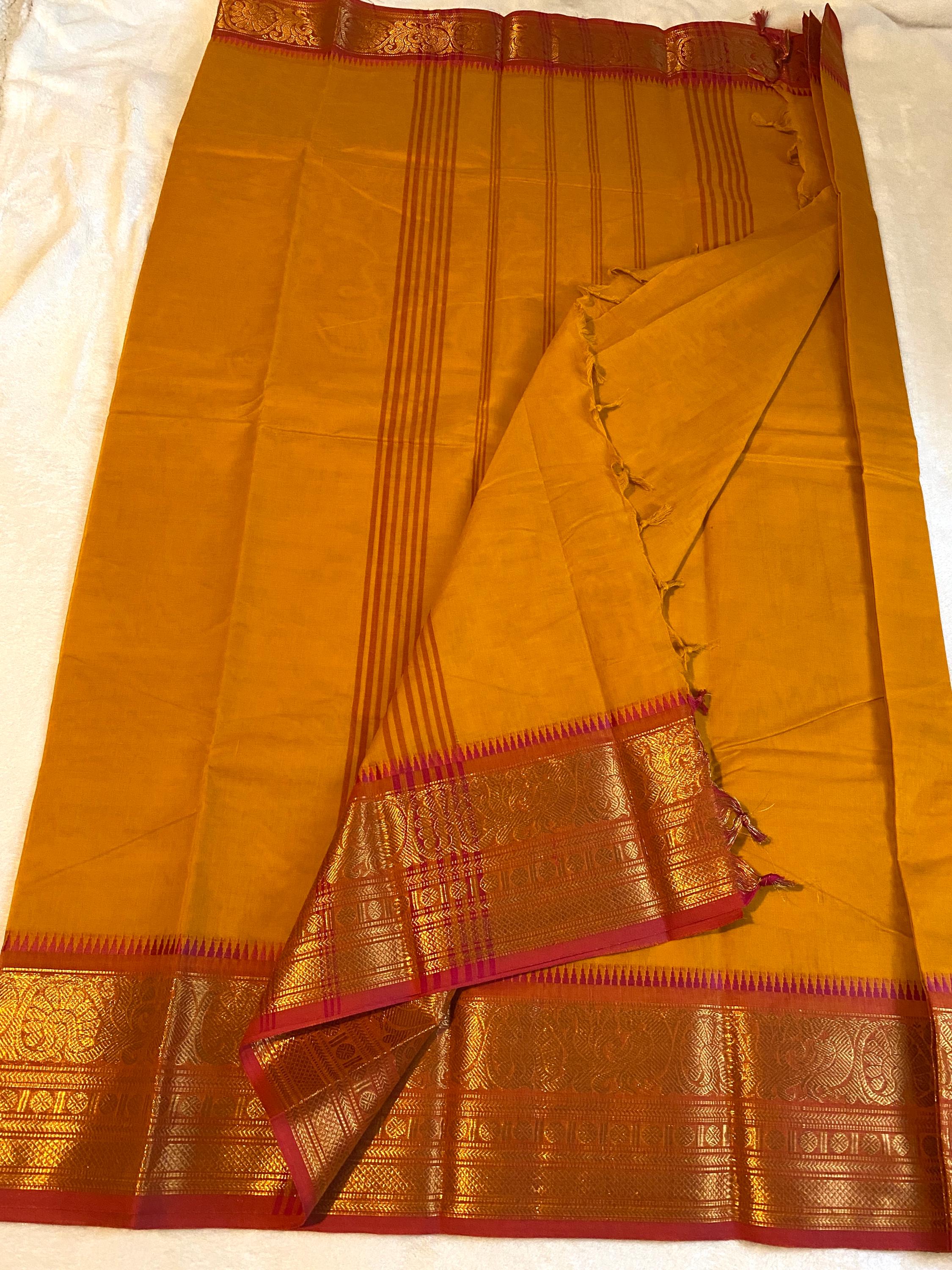 Pure Kanchi Cotton Saree – Golden Mustard with Pink Zari Border