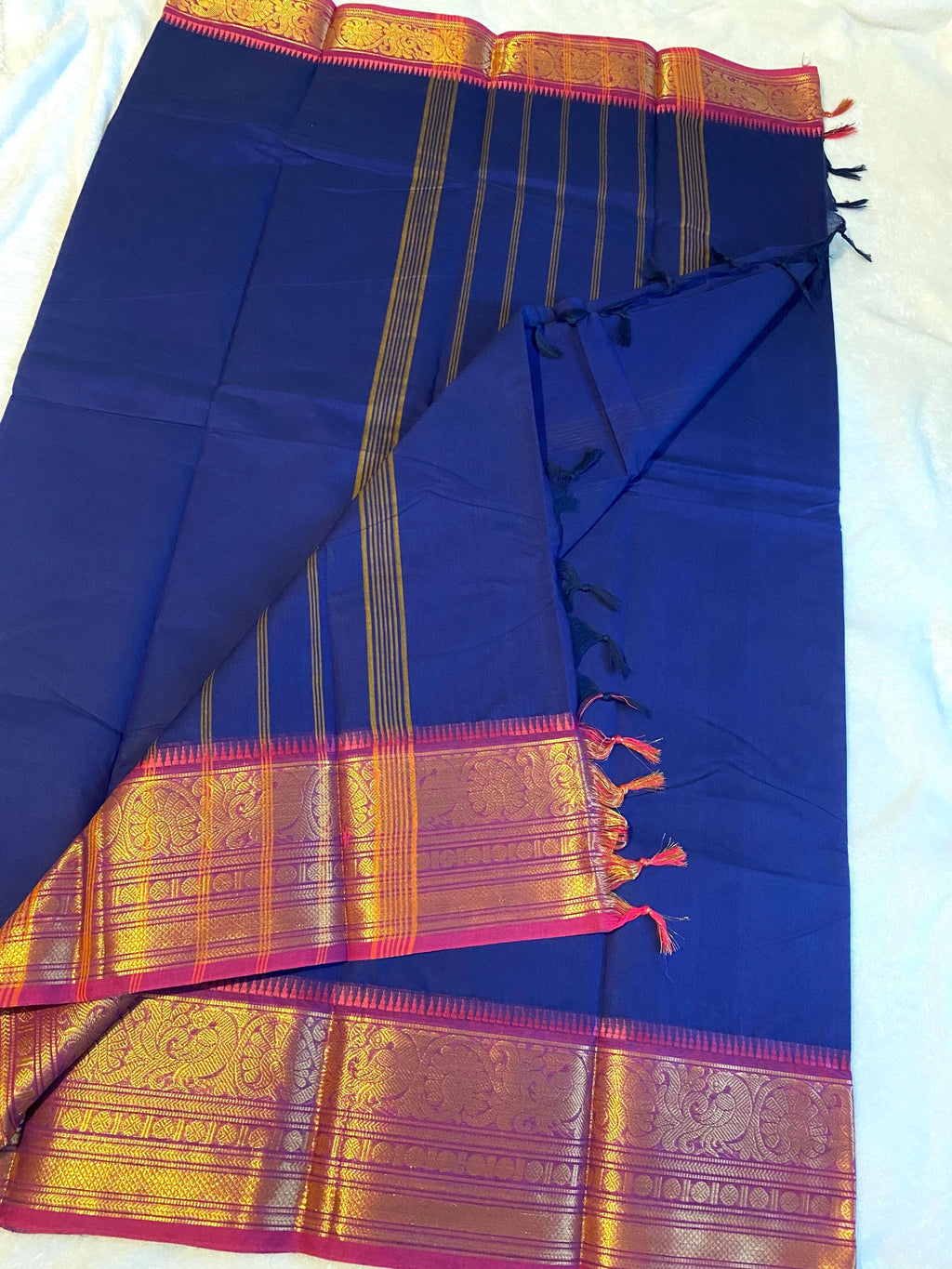 Pure Kanchi Cotton Saree – Royal Blue with Pink Border | Chettinad Cotton Comfort | Festive & Everyday Wear | UK Seller