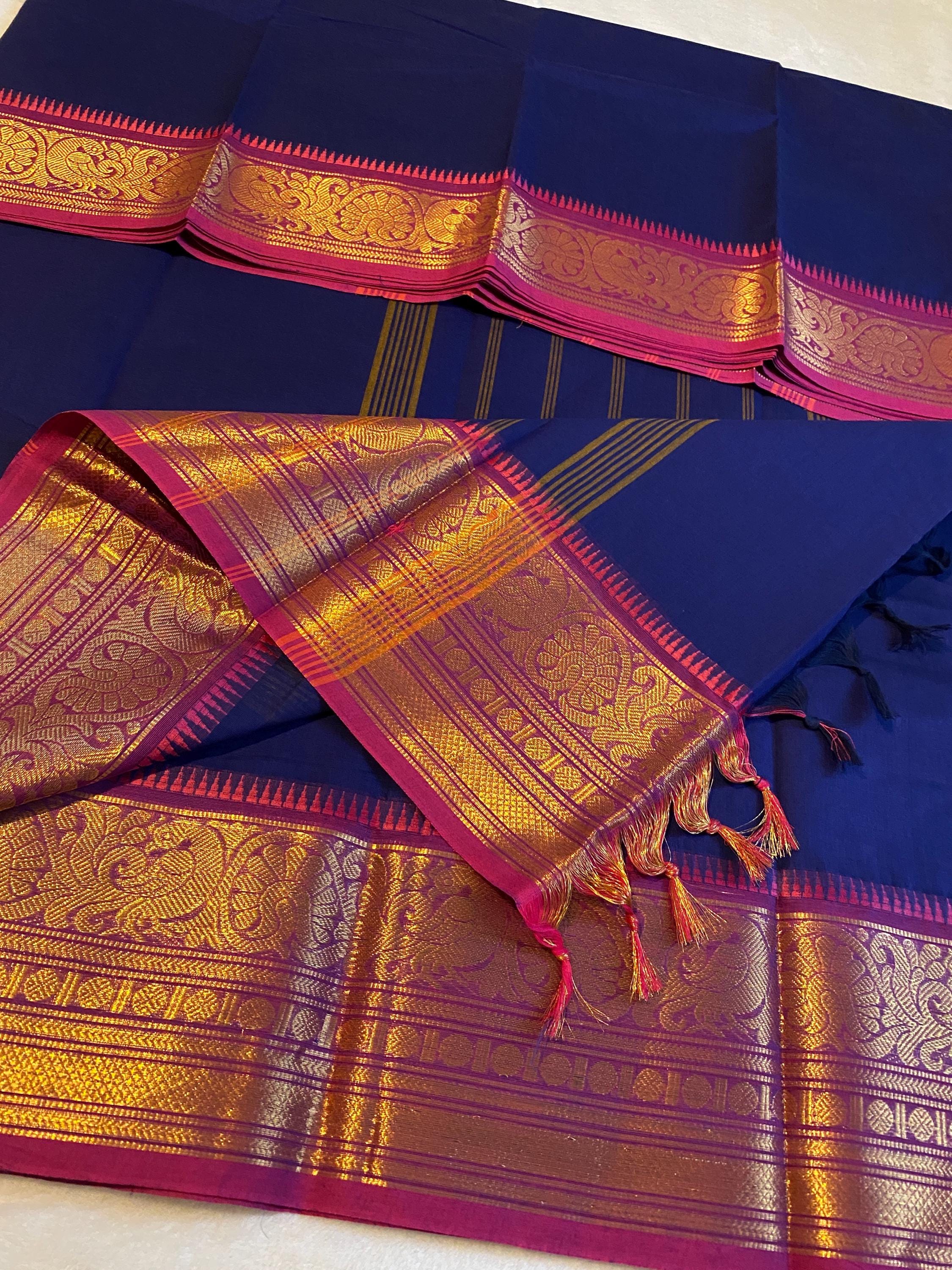 Pure Kanchi Cotton Saree – Royal Blue with Pink Border | Chettinad Cotton Comfort | Festive & Everyday Wear | UK Seller