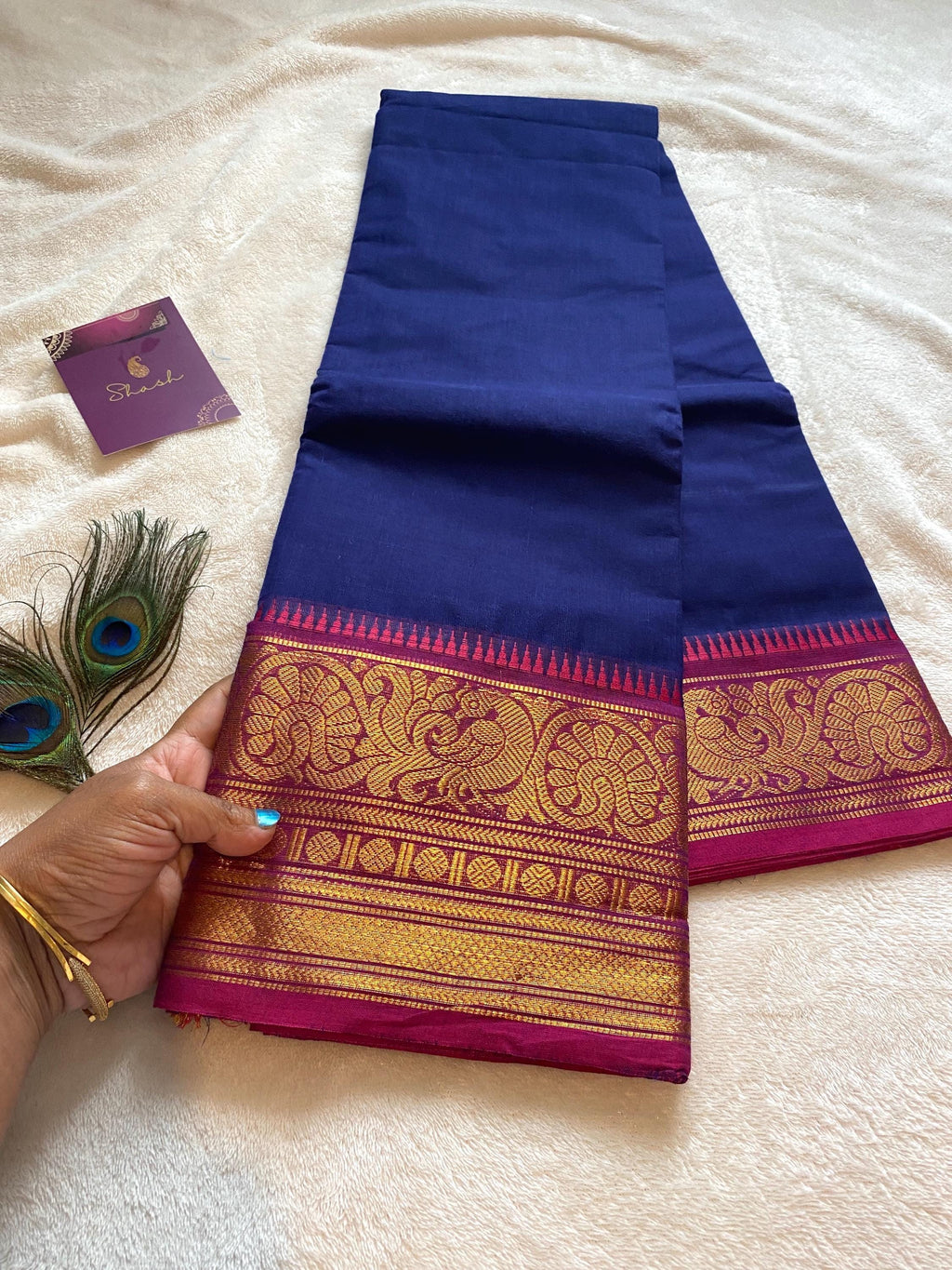 Pure Kanchi Cotton Saree – Royal Blue with Pink Border | Chettinad Cotton Comfort | Festive & Everyday Wear | UK Seller