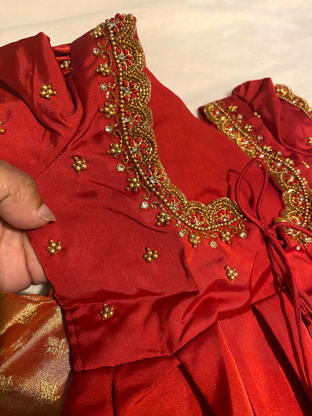 Red & Gold Kanchi Tissue Lehanga Set for Kids 1–2 Y