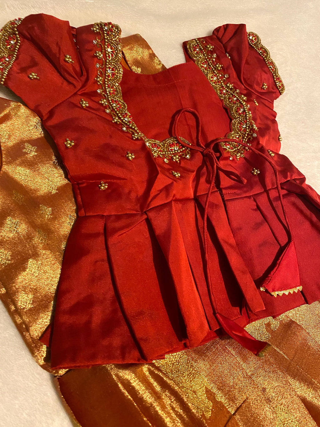 Red & Gold Kanchi Tissue Lehanga Set for Kids 1–2 Y