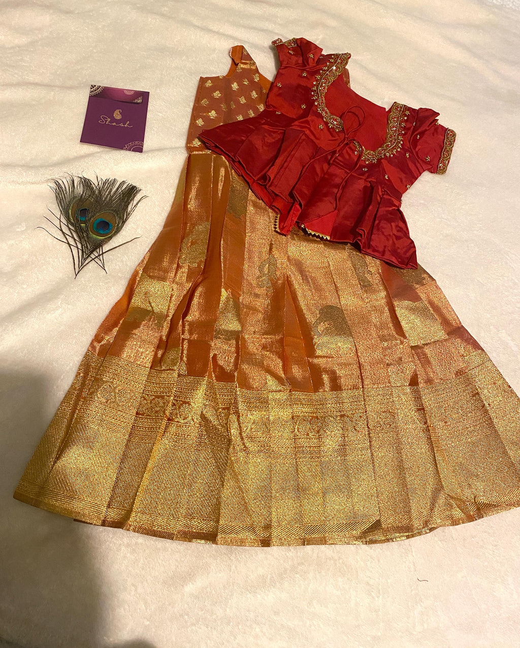 Red & Gold Kanchi Tissue Lehanga Set for Kids 1–2 Y