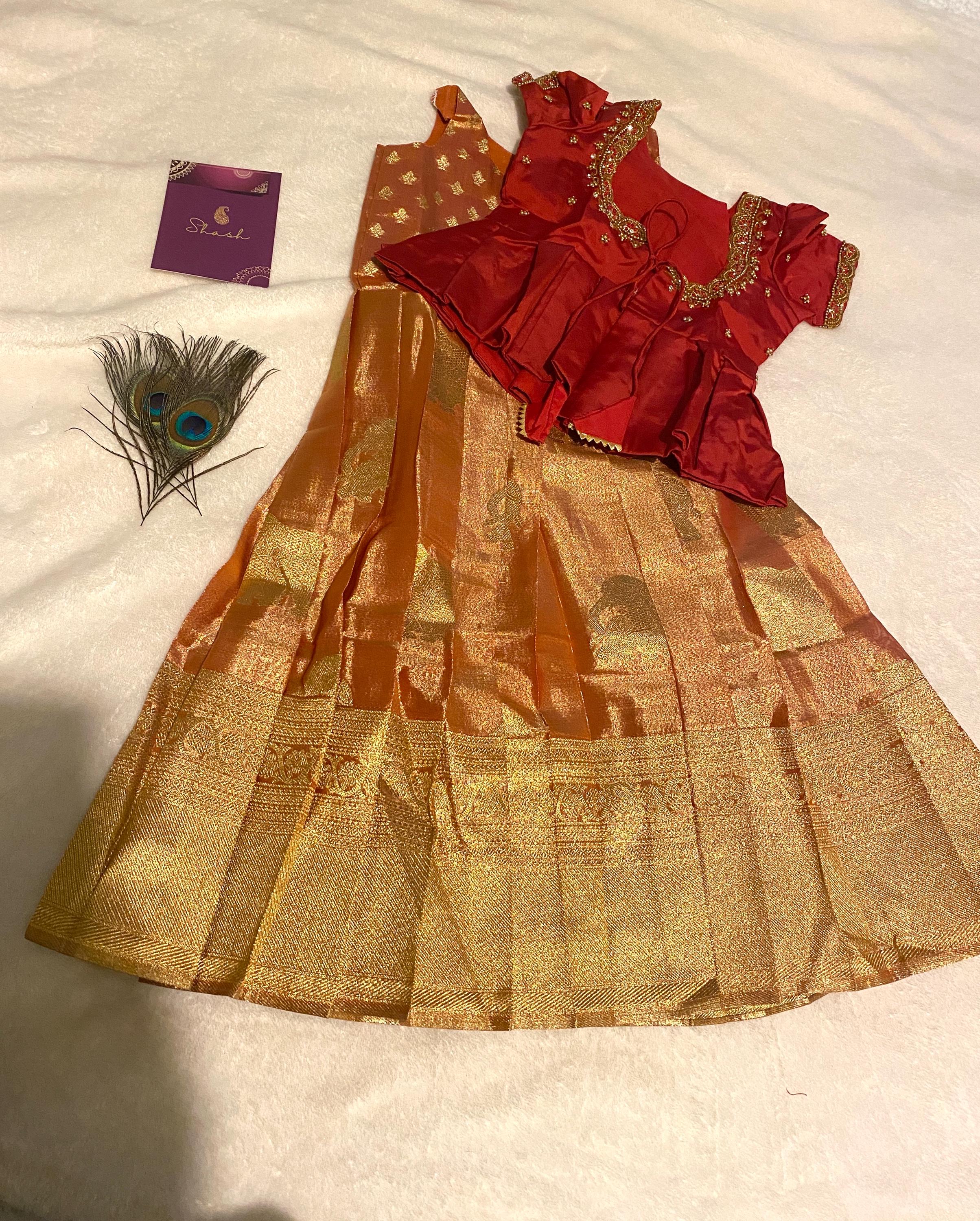 Red & Gold Kanchi Tissue Lehanga Set for Kids 1–2 Y