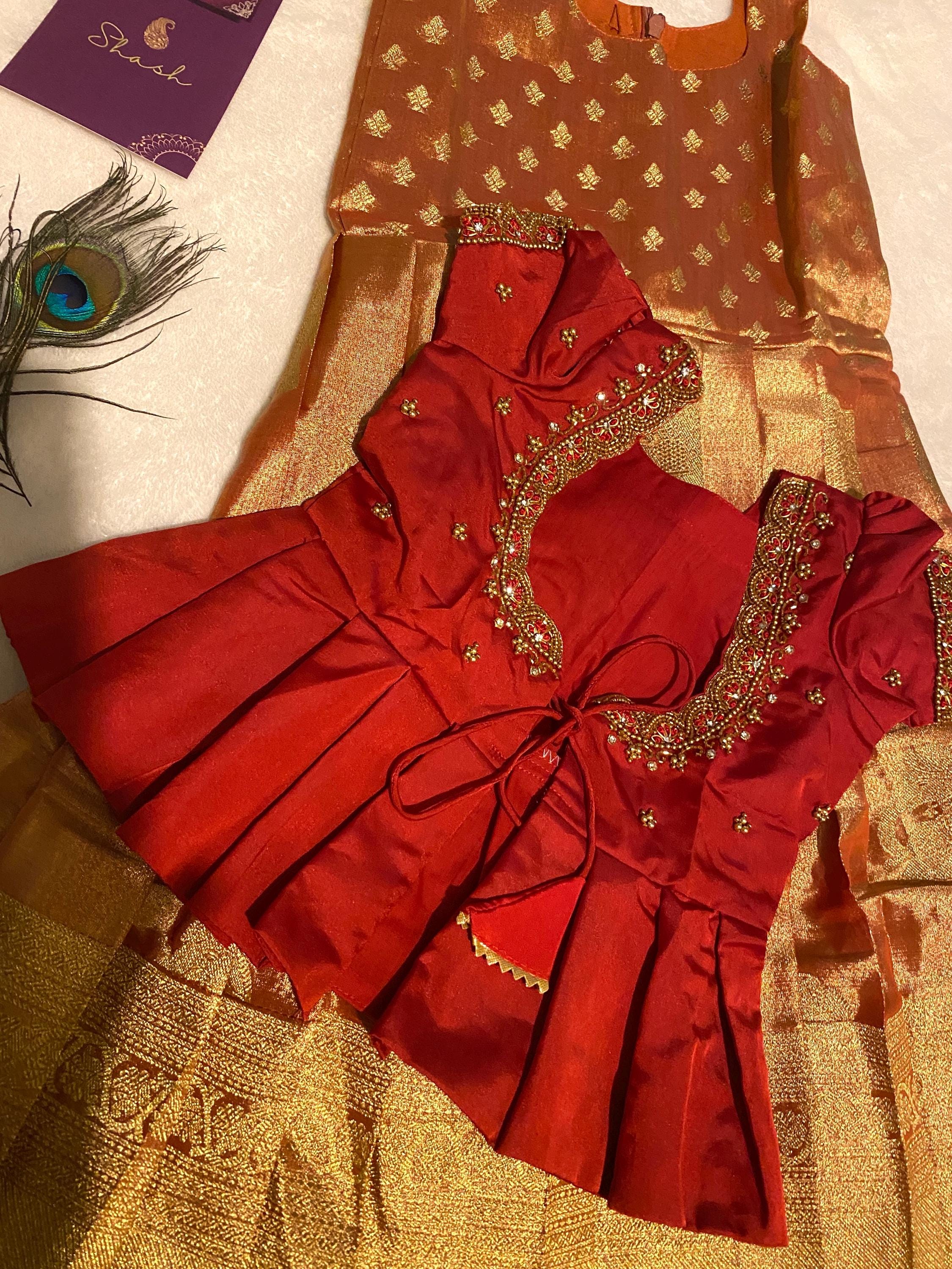 Red & Gold Kanchi Tissue Lehanga Set for Kids 1–2 Y