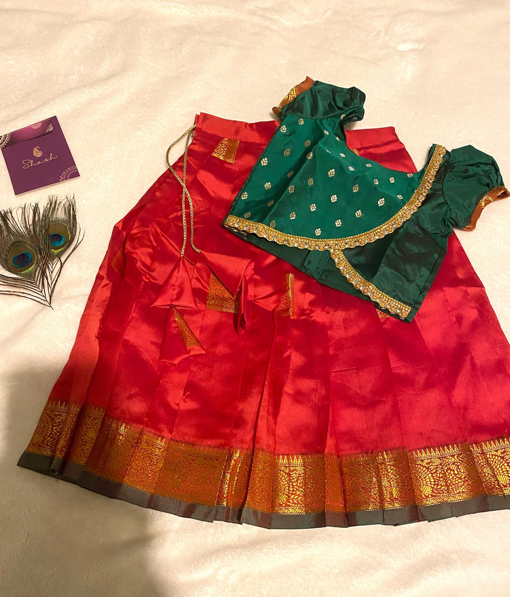 Green & Red Semi-Silk Pattu Pavada for Kids for 1-2 Y | Kids Lehenga Set