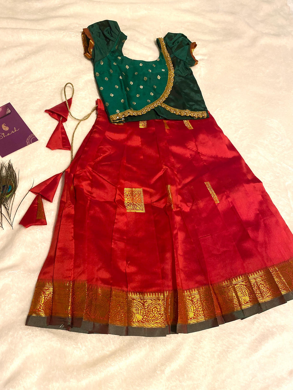 Green & Red Semi-Silk Pattu Pavada for Kids for 1-2 Y | Kids Lehenga Set