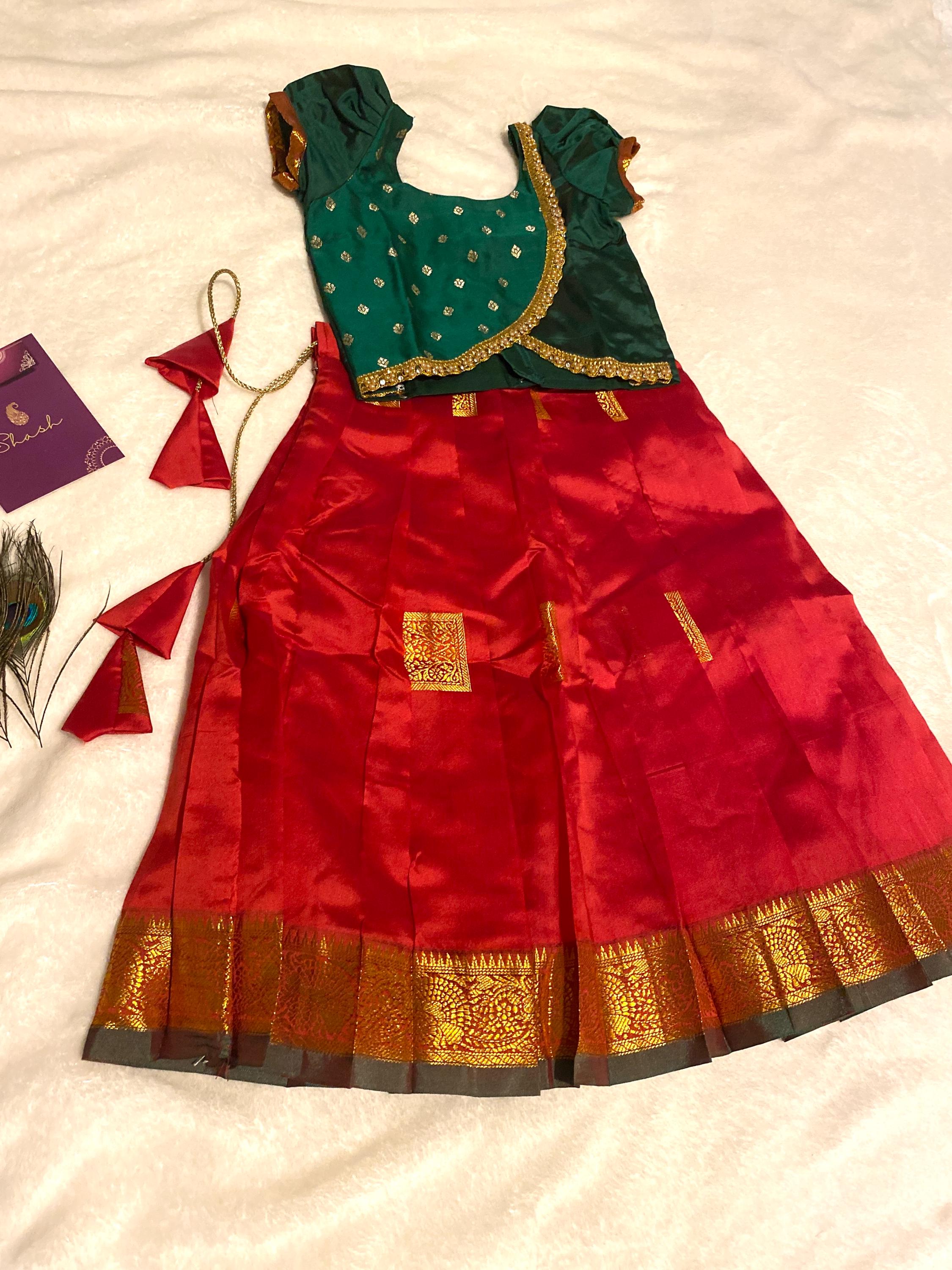 Green & Red Semi-Silk Pattu Pavada for Kids for 1-2 Y | Kids Lehenga Set