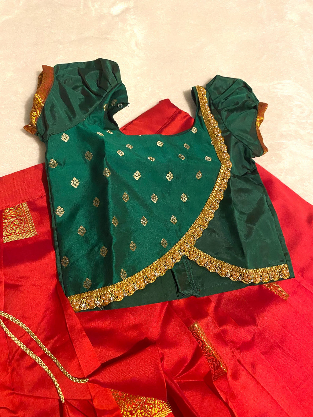 Green & Red Semi-Silk Pattu Pavada for Kids for 1-2 Y | Kids Lehenga Set