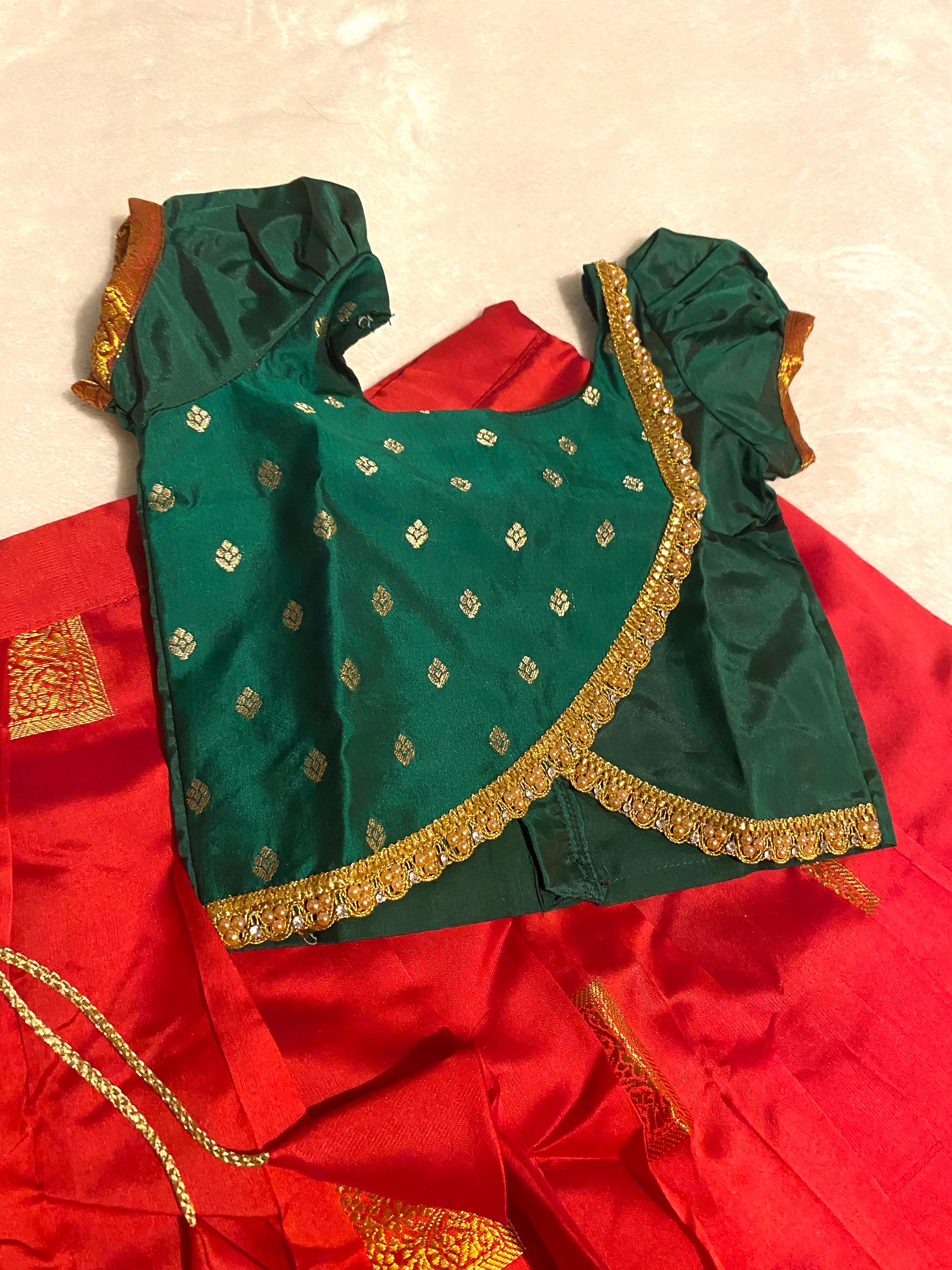 Green & Red Semi-Silk Pattu Pavada for Kids for 1-2 Y | Kids Lehenga Set