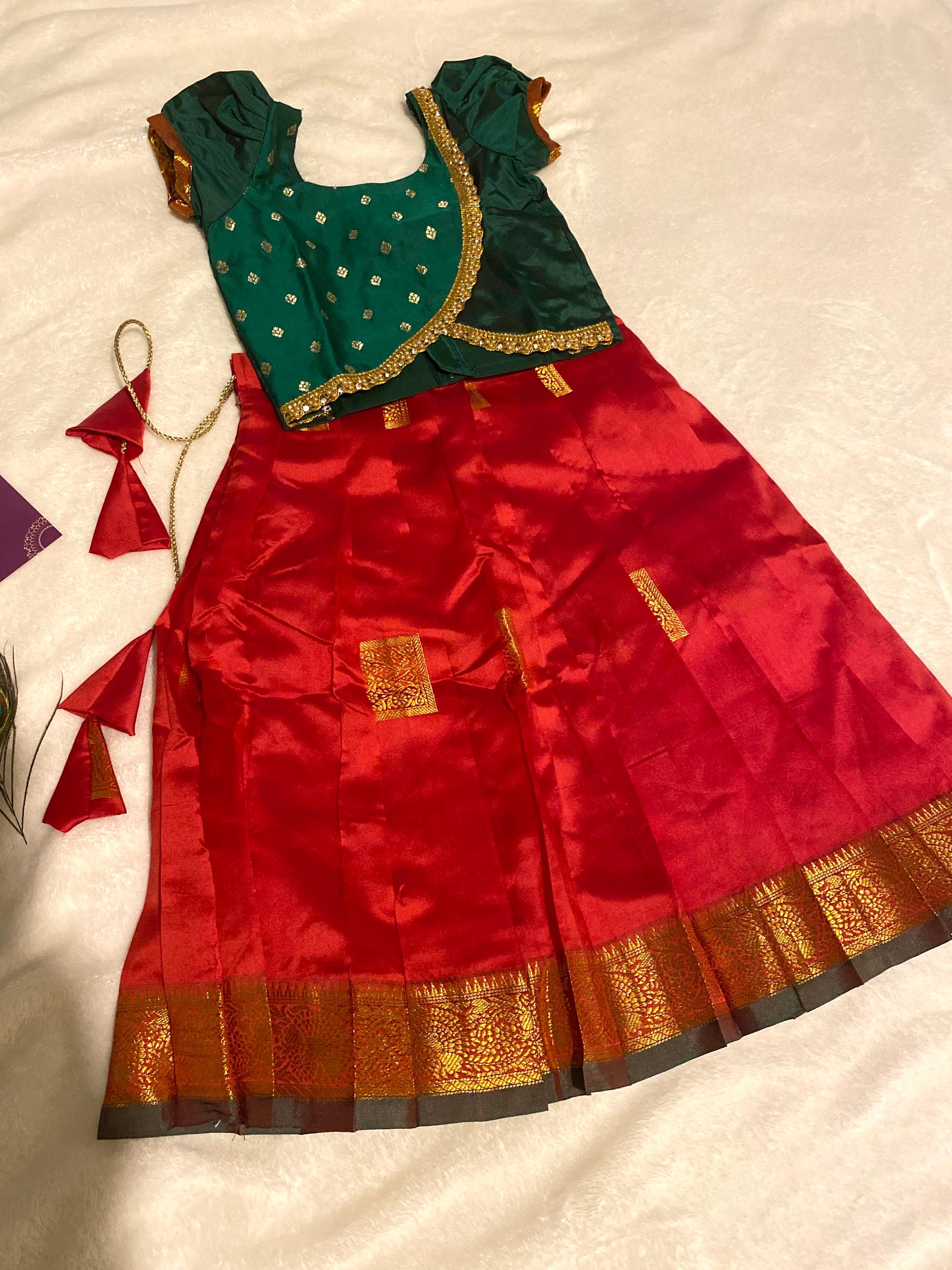 Green & Red Semi-Silk Pattu Pavada for Kids for 1-2 Y | Kids Lehenga Set