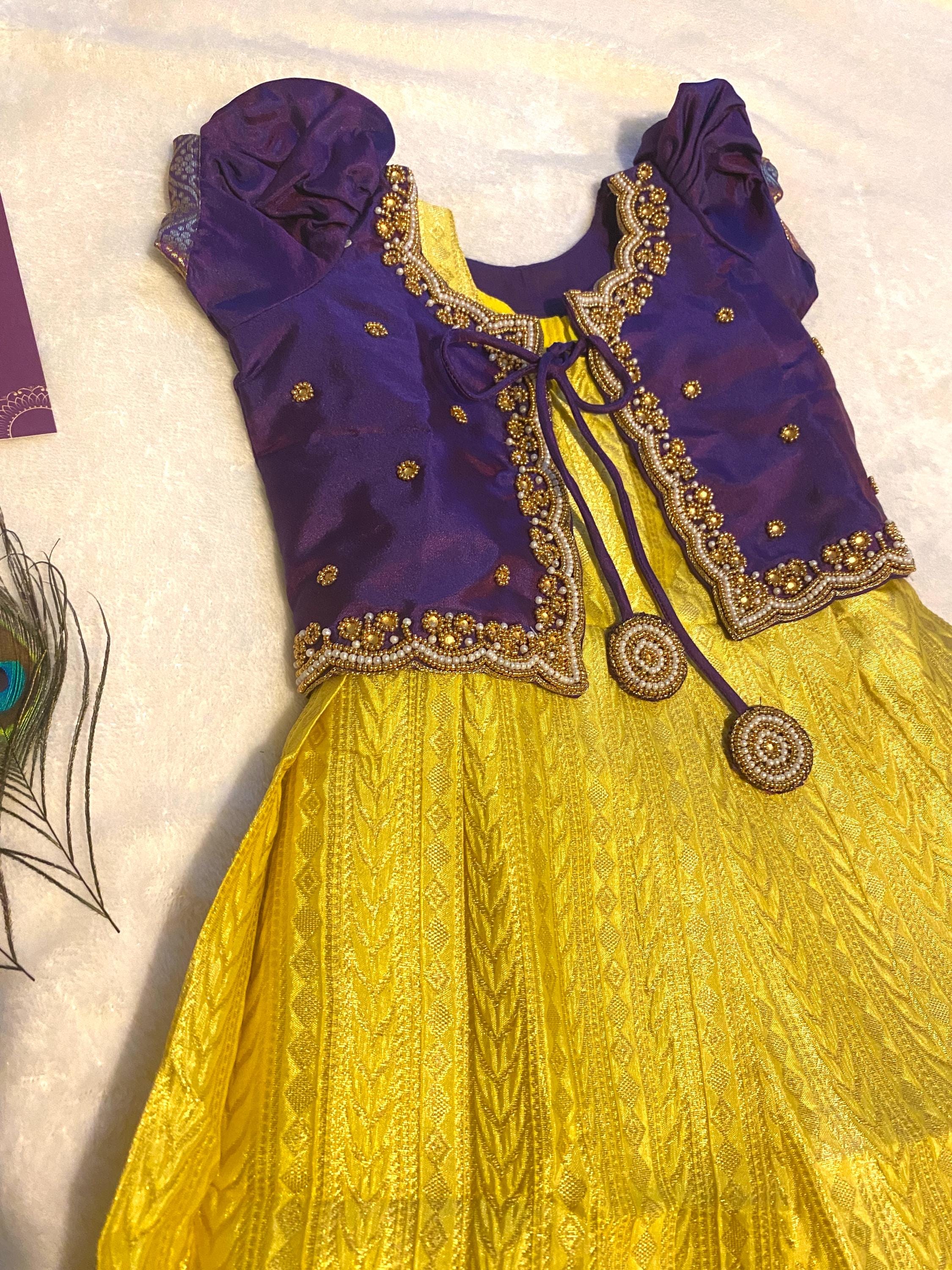 Purple and Golden Yellow Pattu Pavada for Baby Girls 6–12 Months | Semi Silk Kids Lehenga Set
