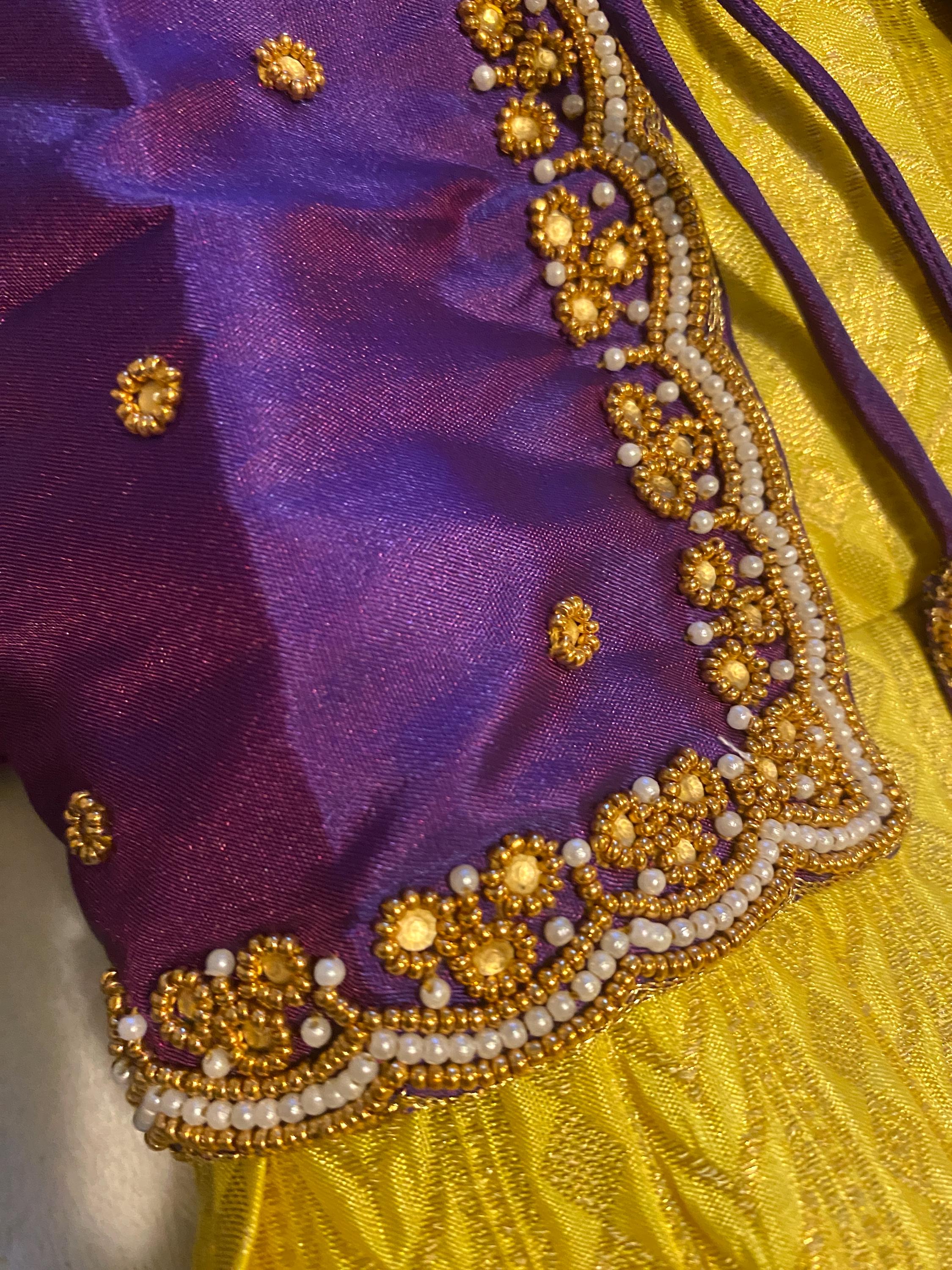 Purple and Golden Yellow Pattu Pavada for Baby Girls 6–12 Months | Semi Silk Kids Lehenga Set