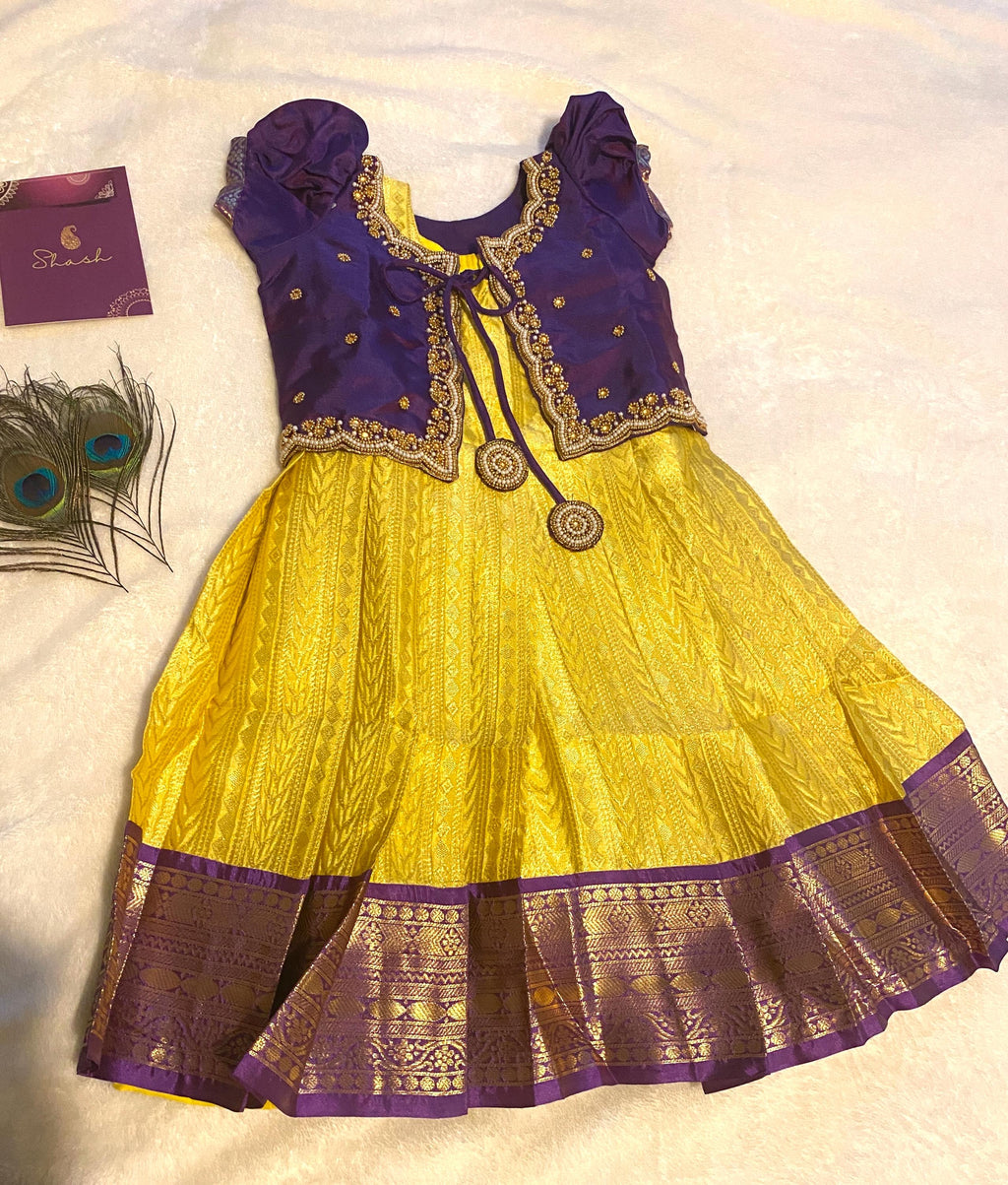 Purple and Golden Yellow Pattu Pavada for Baby Girls 6–12 Months | Semi Silk Kids Lehenga Set