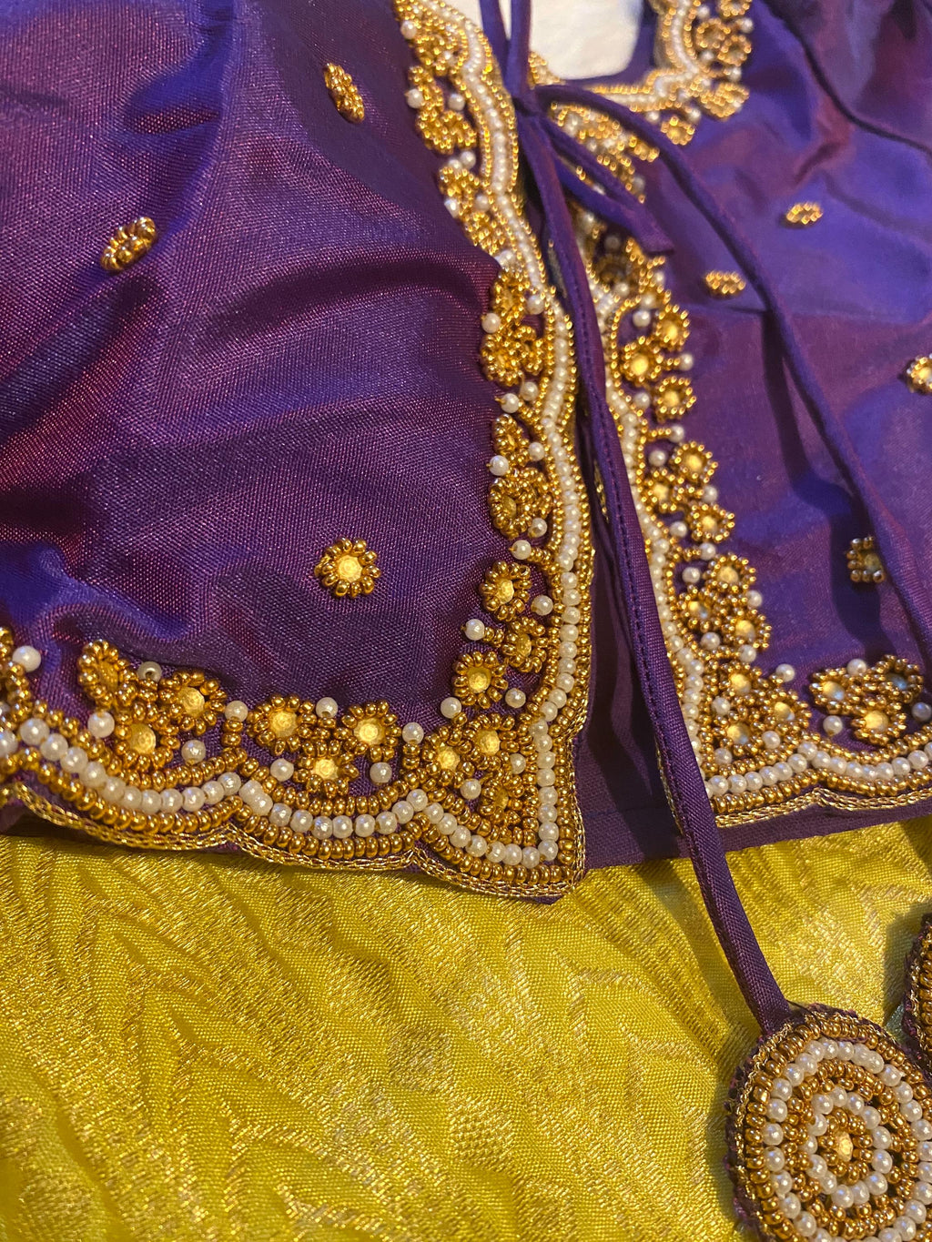 Purple and Golden Yellow Pattu Pavada for Baby Girls 6–12 Months | Semi Silk Kids Lehenga Set