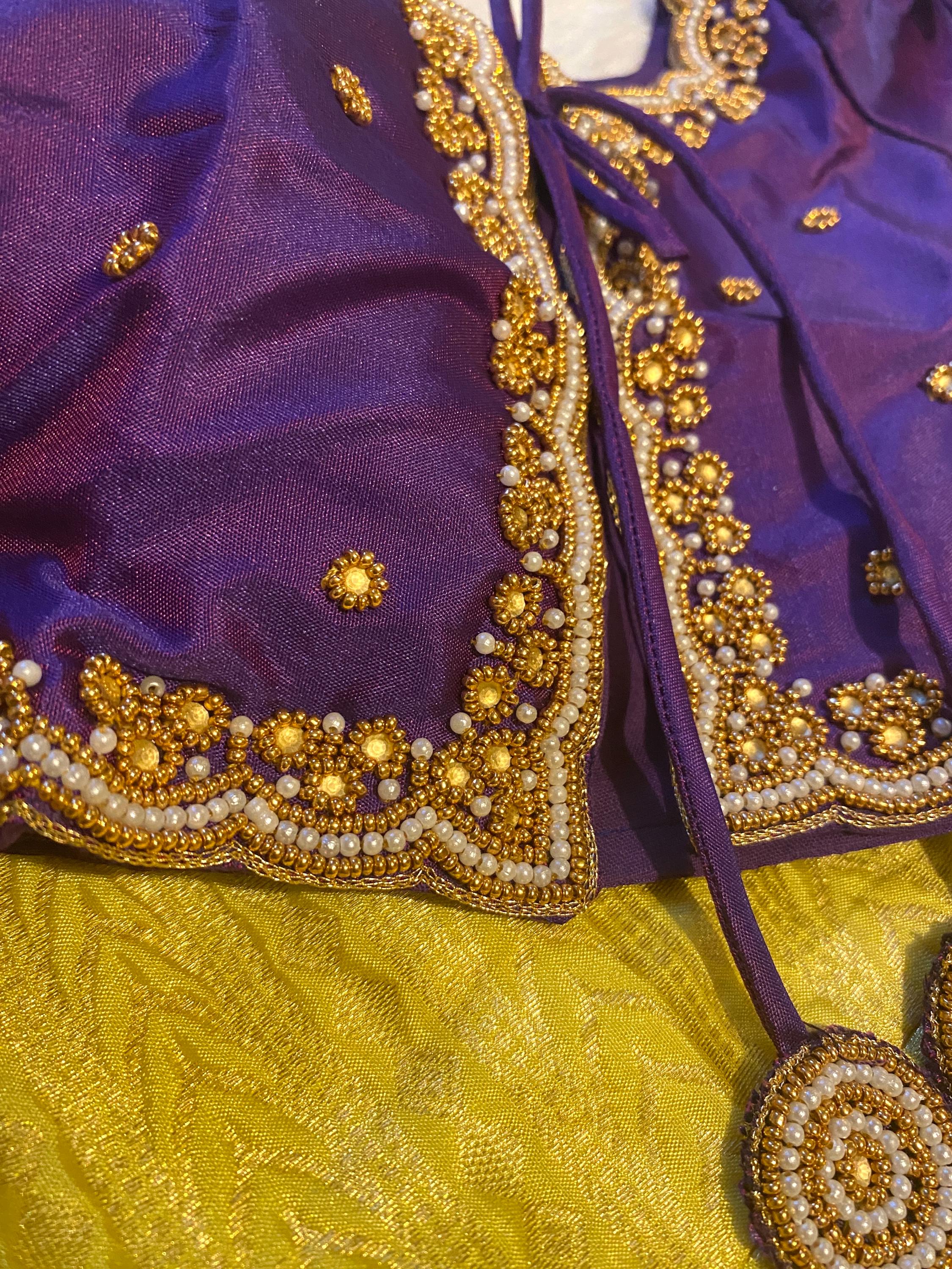 Purple and Golden Yellow Pattu Pavada for Baby Girls 6–12 Months | Semi Silk Kids Lehenga Set