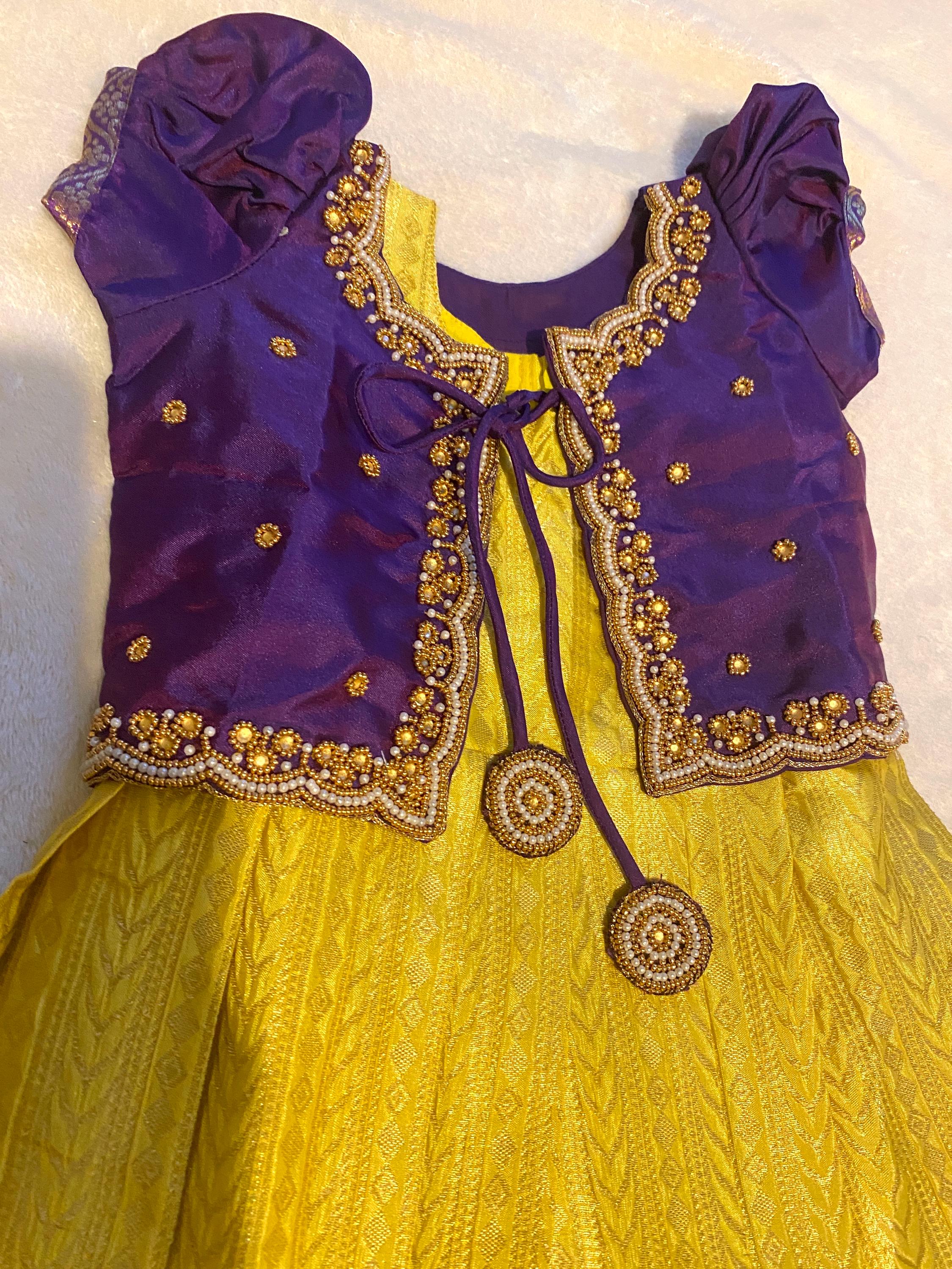 Purple and Golden Yellow Pattu Pavada for Baby Girls 6–12 Months | Semi Silk Kids Lehenga Set