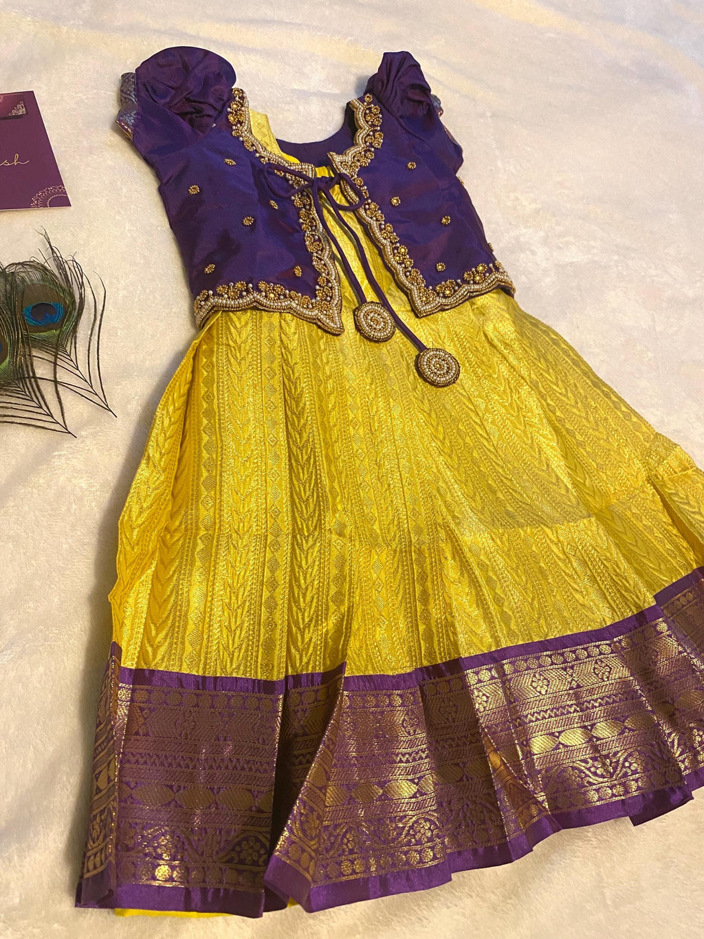 Purple and Golden Yellow Pattu Pavada for Baby Girls 6–12 Months | Semi Silk Kids Lehenga Set