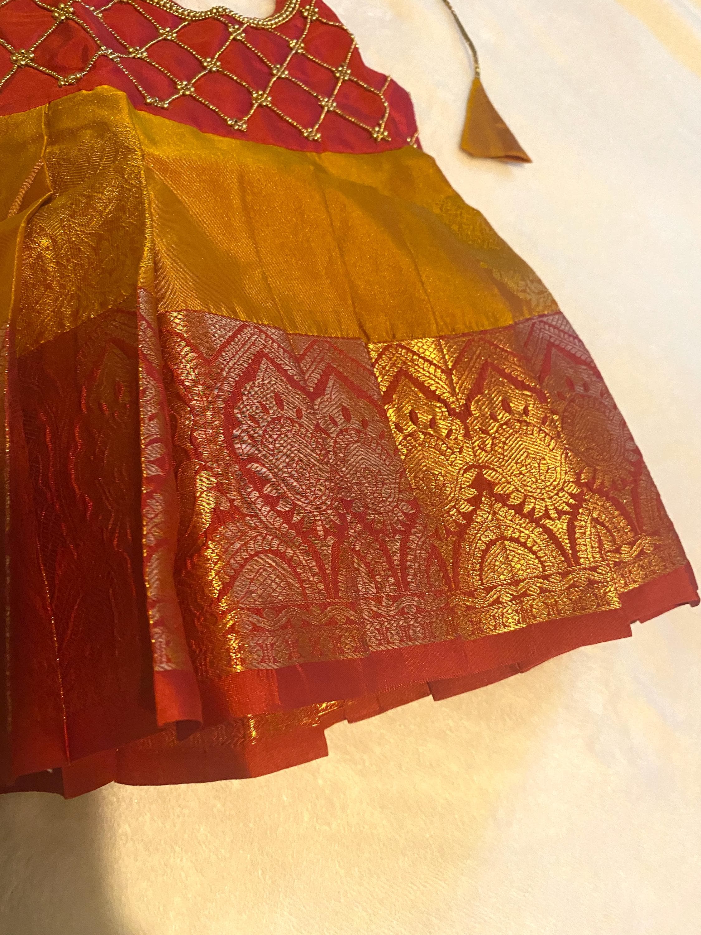 Magenta & Mustard Kanchi Pattu Frock for Baby Girls 0–6 Months | Newborn Ethnic Wear